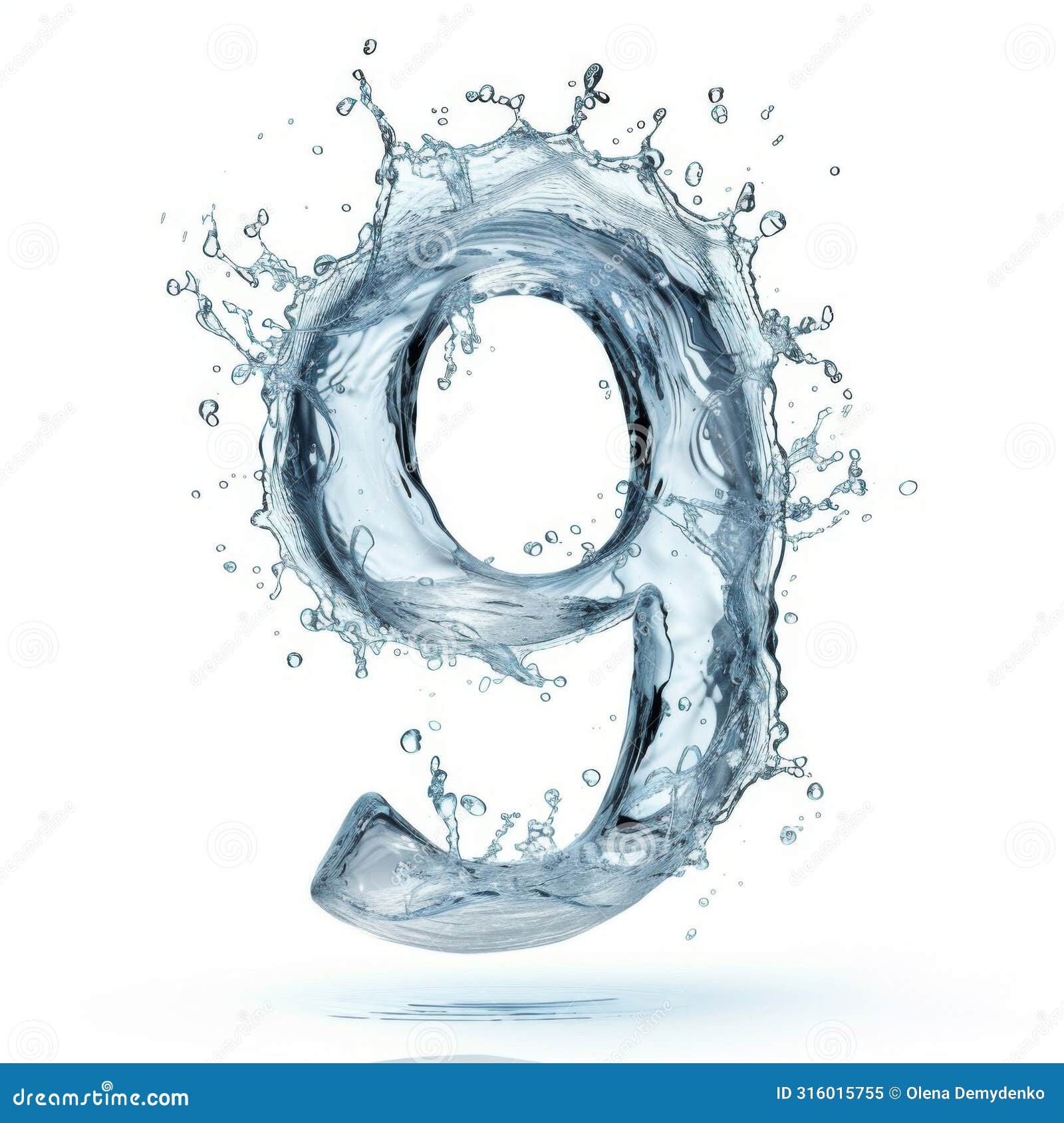 spectacular number nine and splash of clear water. digital close-up on white background in water spray. blue water