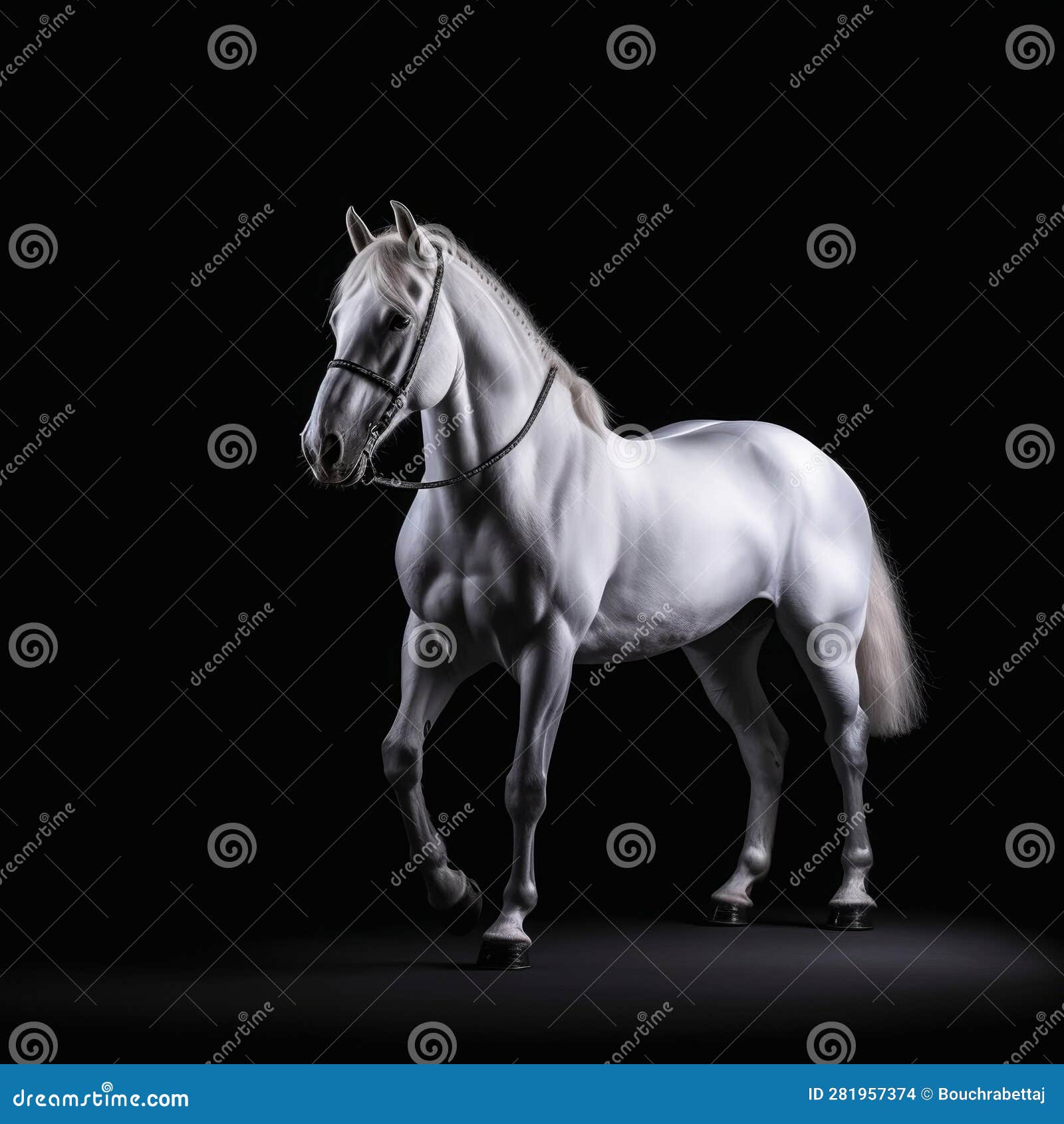 Spectacular Silver White Horse in Dramatic Studio Lighting Stock