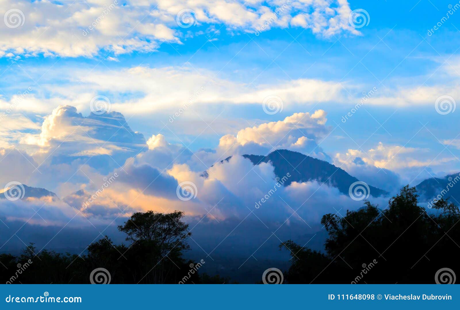 Spectacular Sunset In Mountains Tropical Golden Hour Landscape Stock