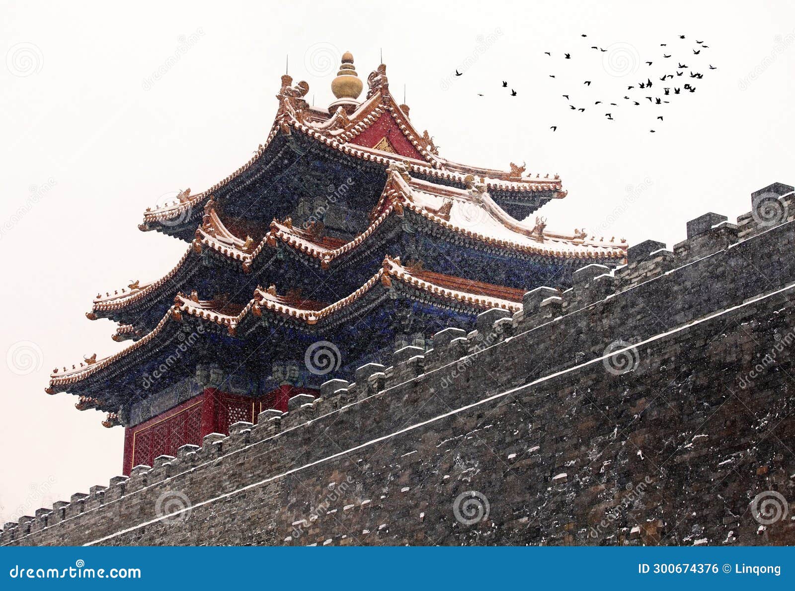 the spectacular turrets of the forbidden city in the snow.