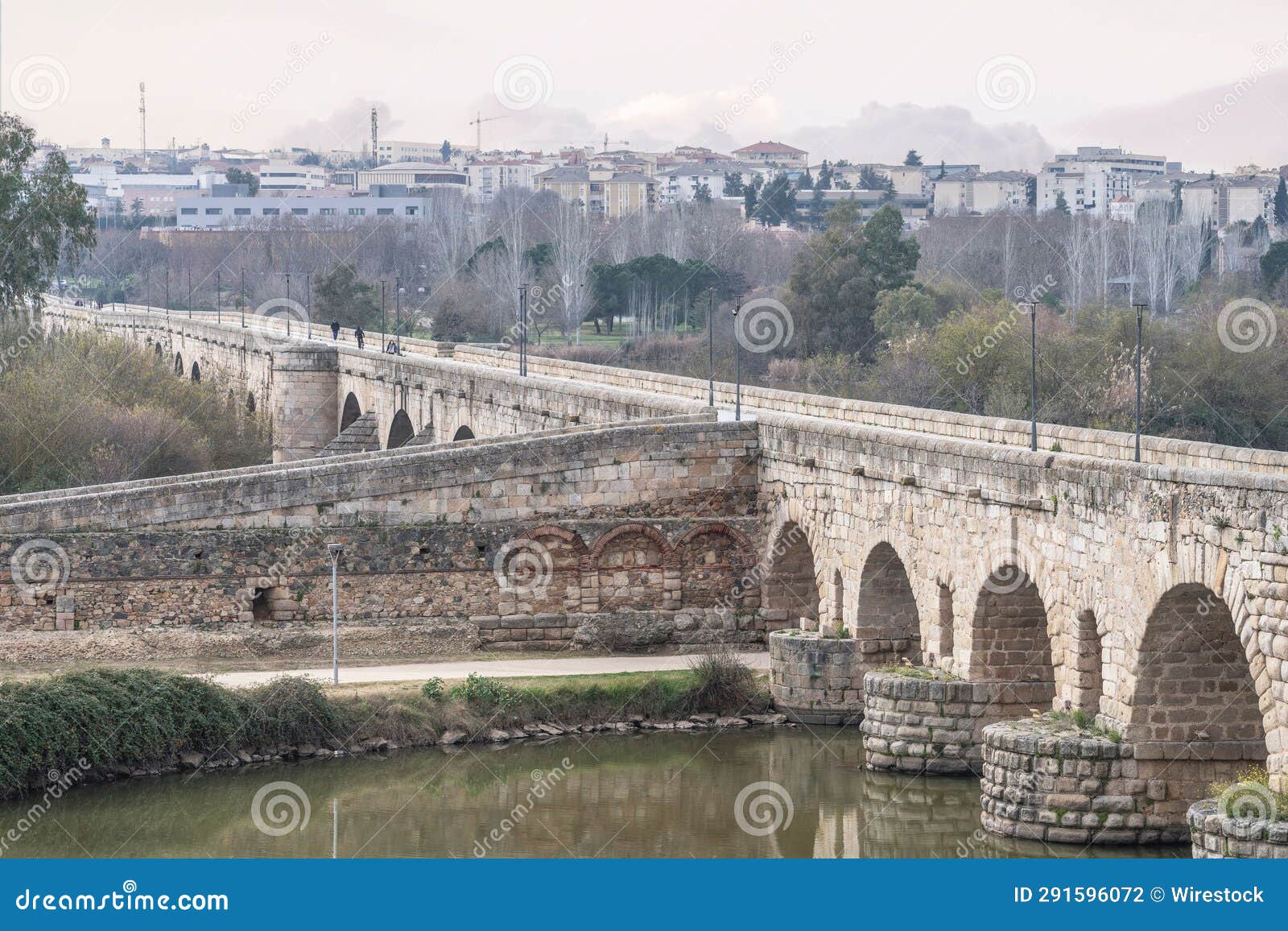 spectacular views of the roman bridge of mrida with the guadiana river. merida. extremadura.