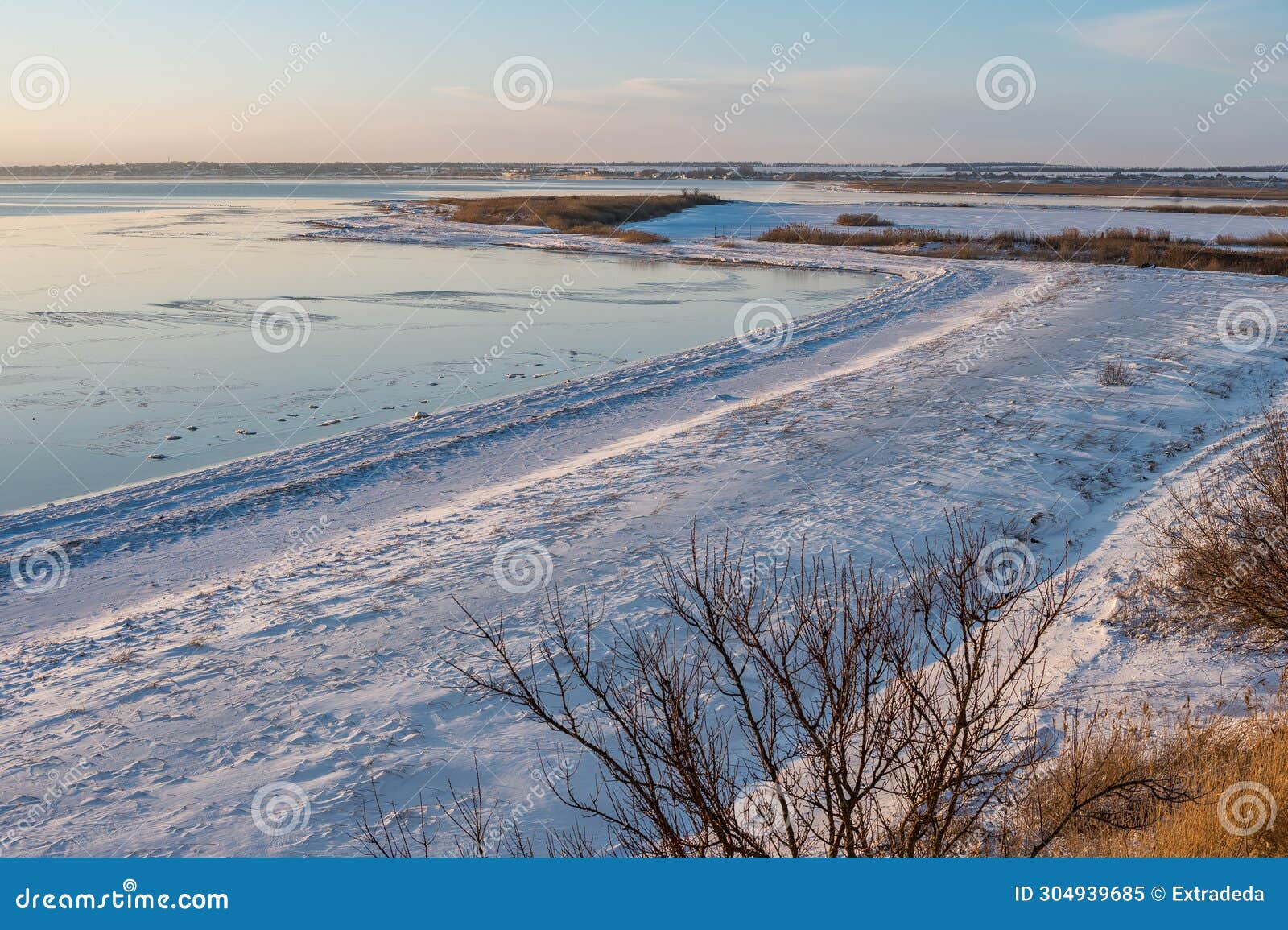 a spectacular winter landscape in the russian countryside with waterfront. surroundings of taganrog