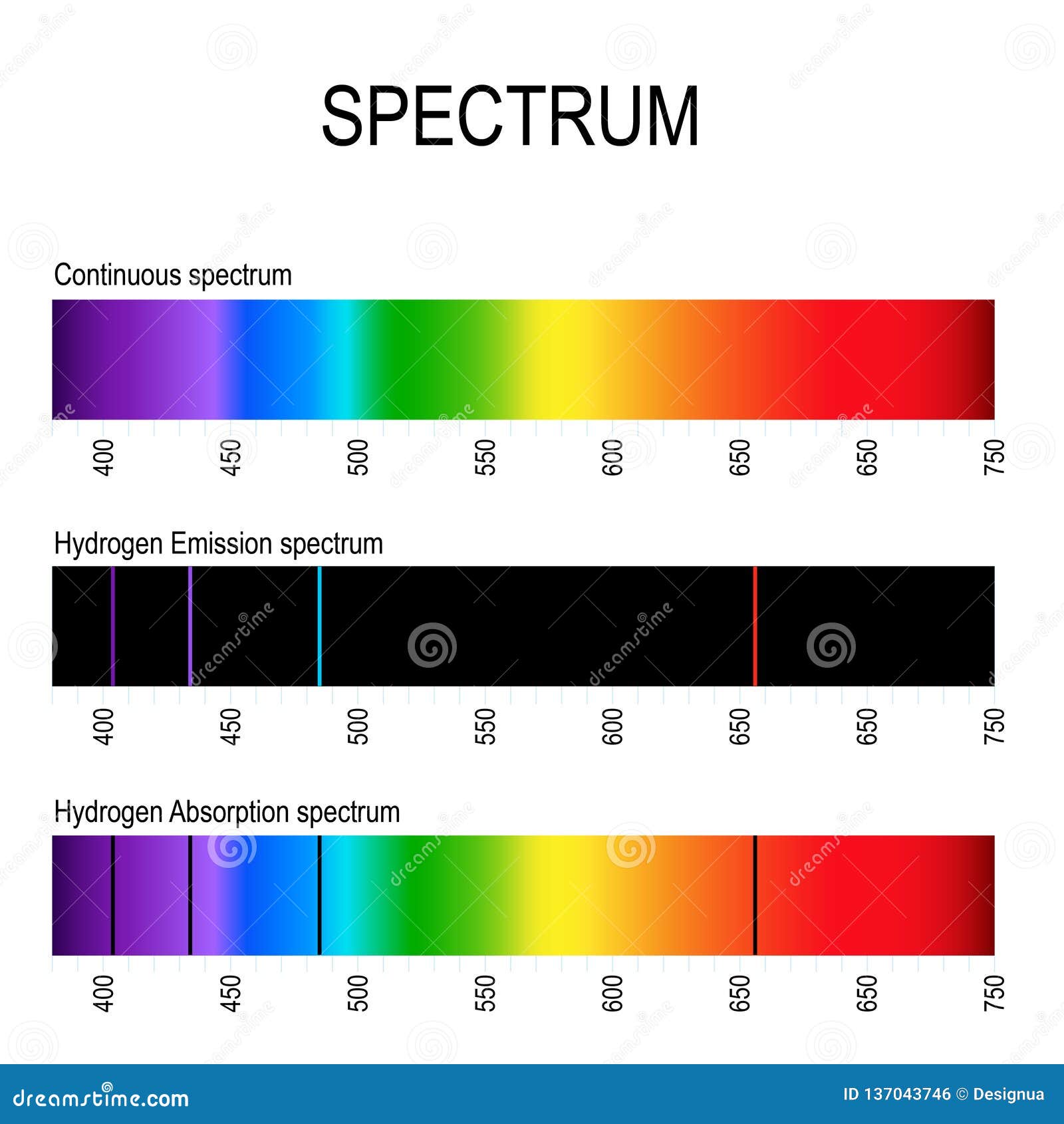 spectrum. spectral line for example hydrogen. emission lines and absorption lines
