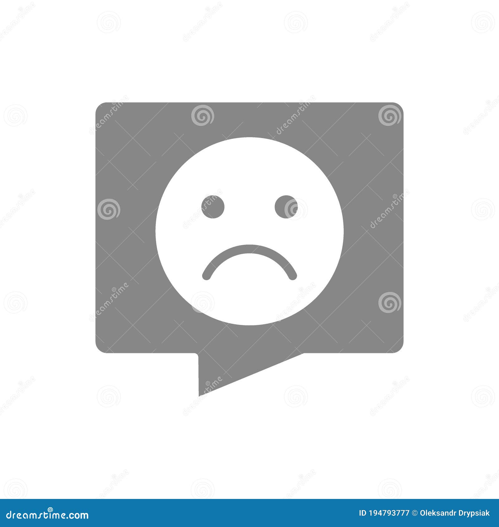 Person with speech bubble and sad face gray icon. Feedback