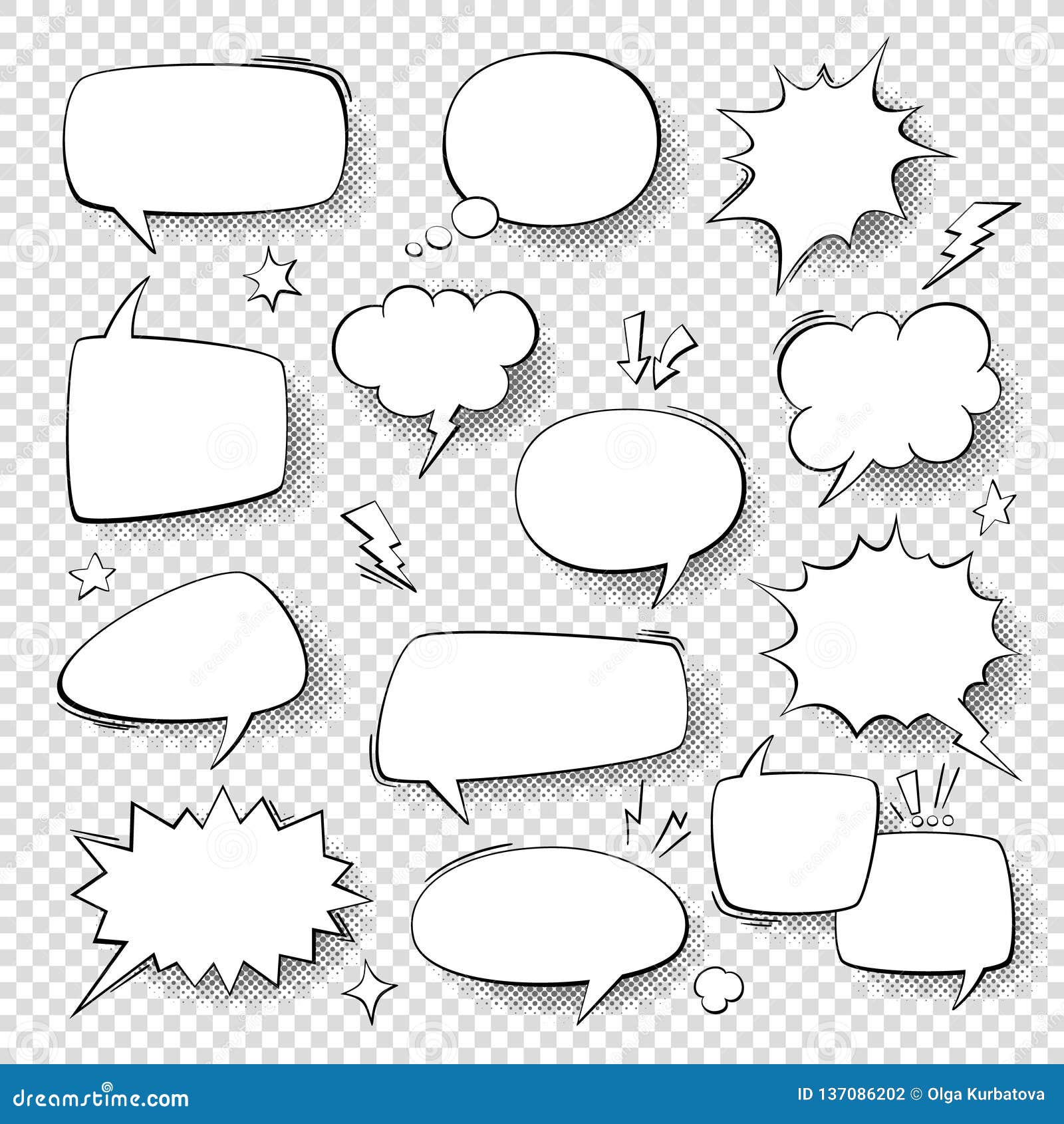 speech bubbles. vintage word bubbles, retro bubbly comic s. thinking clouds with halftone  set