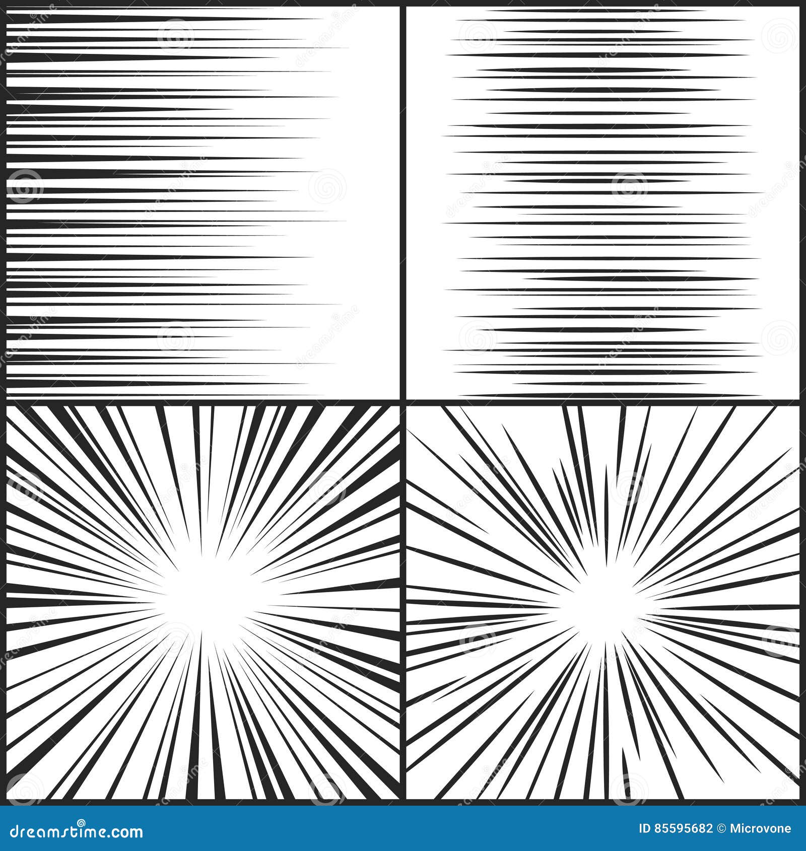 Radial comics lines. Comic book speed horizontal line cover speed texture  action ray explosion hero drawing cartoon set Stock Vector