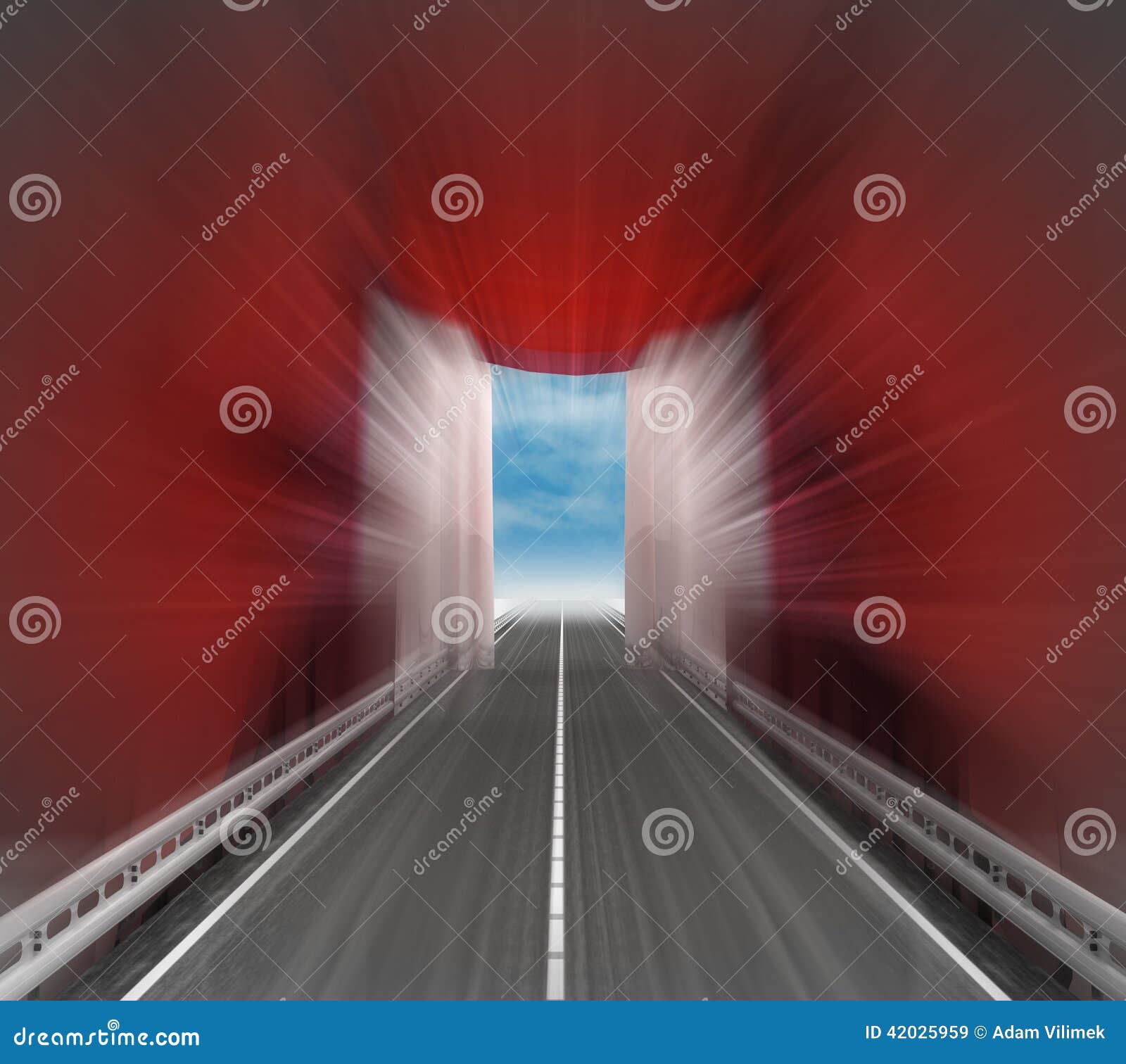 Speedway through blurred red curtain with sky illustration