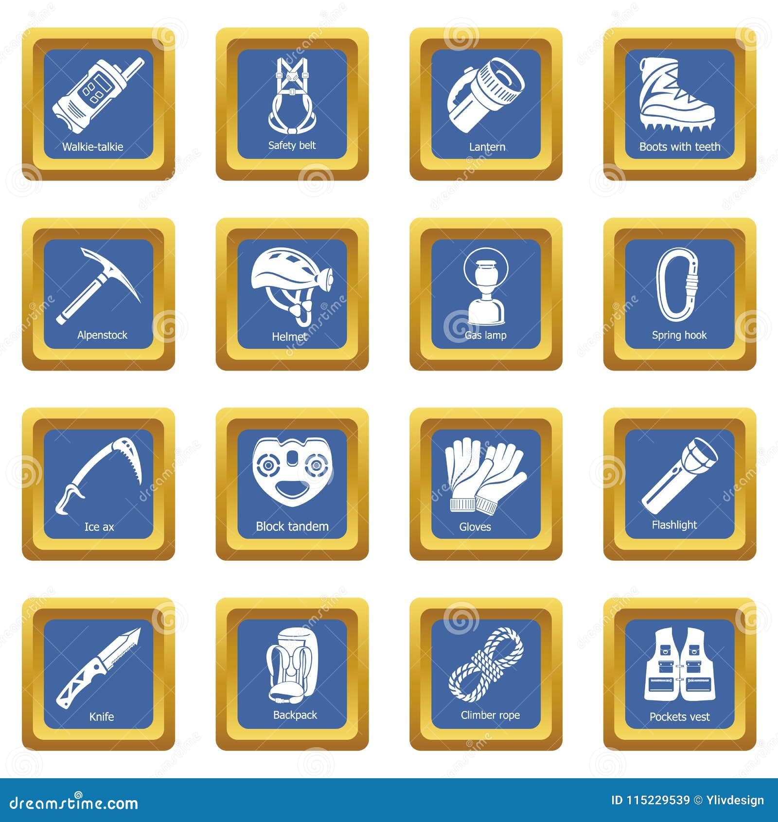 speleology equipment icons set blue square 