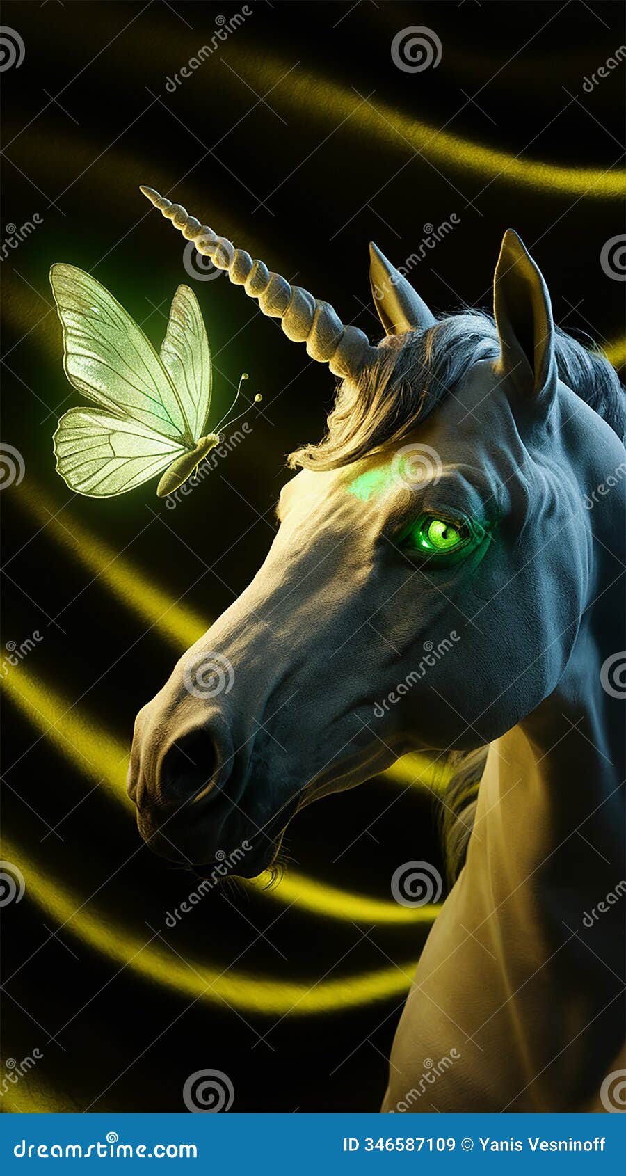 a spellbinding 3d render of a majestic unicorn, with its face illuminated by an enchanting green glow.