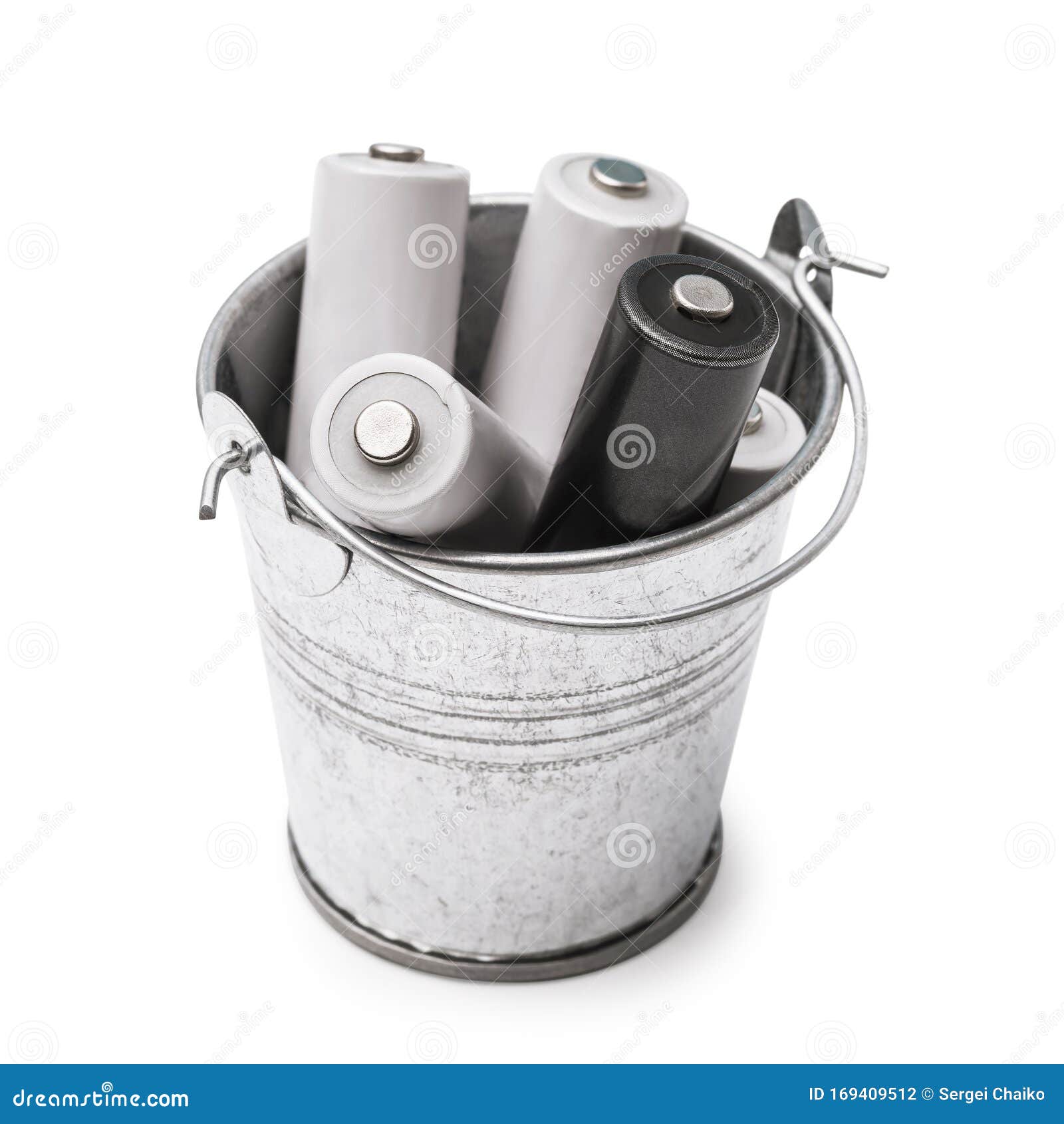 Spent Batteries in a Bucket Isolated on White Background Stock Photo