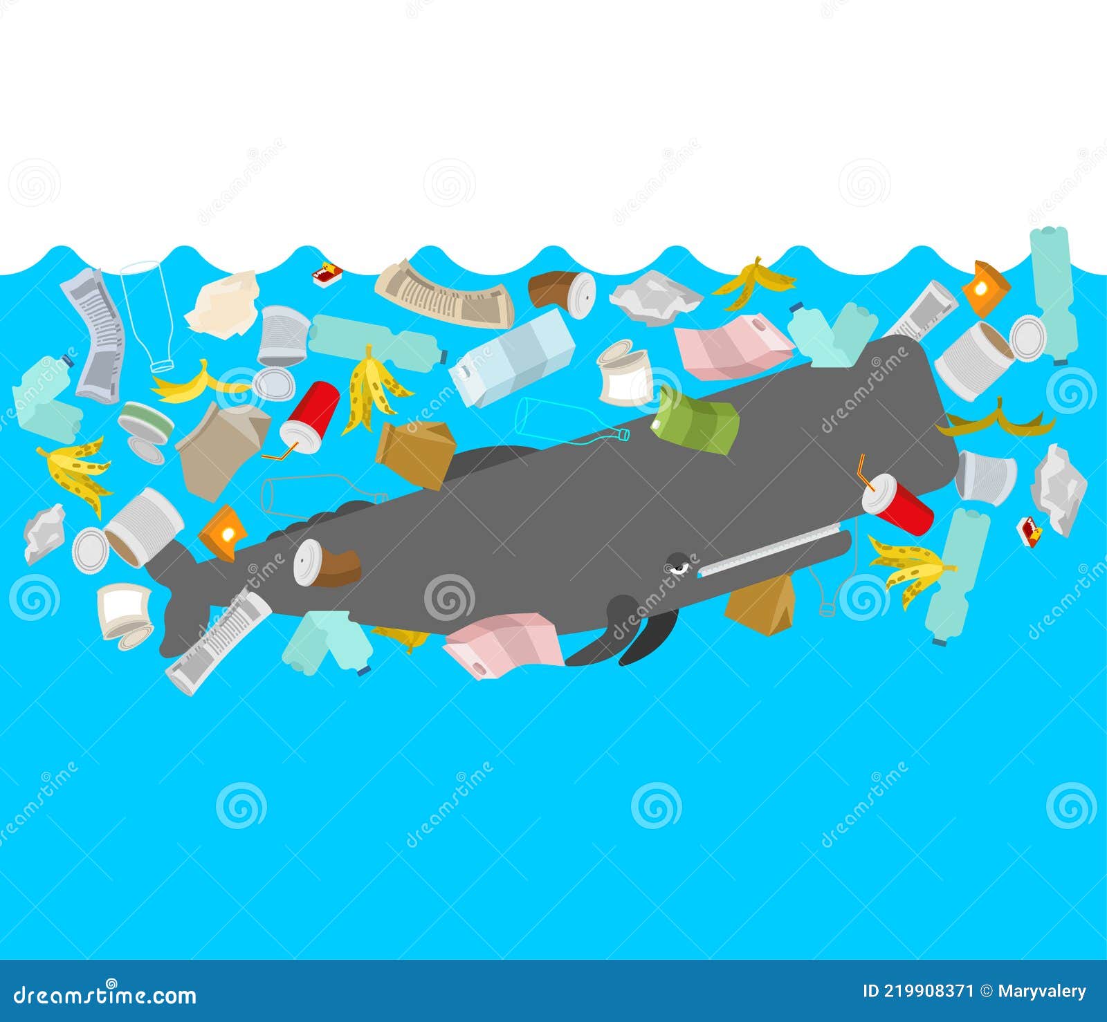 Sperm Whale and Garbage in Ocean. Cachalot and Rubbish Stock Vector ...