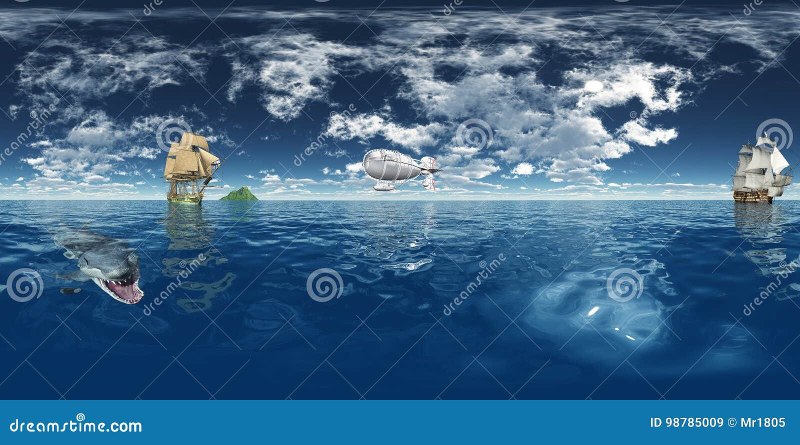 spherical 360 degrees seamless panorama with sailing ships and fantasy airship