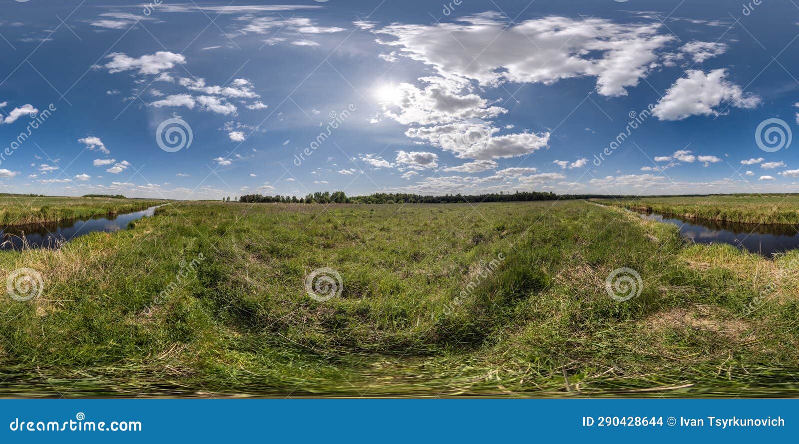 spherical 360 hdri panorama among green grass farming field near melioration reclamation canal in equirectangular seamless
