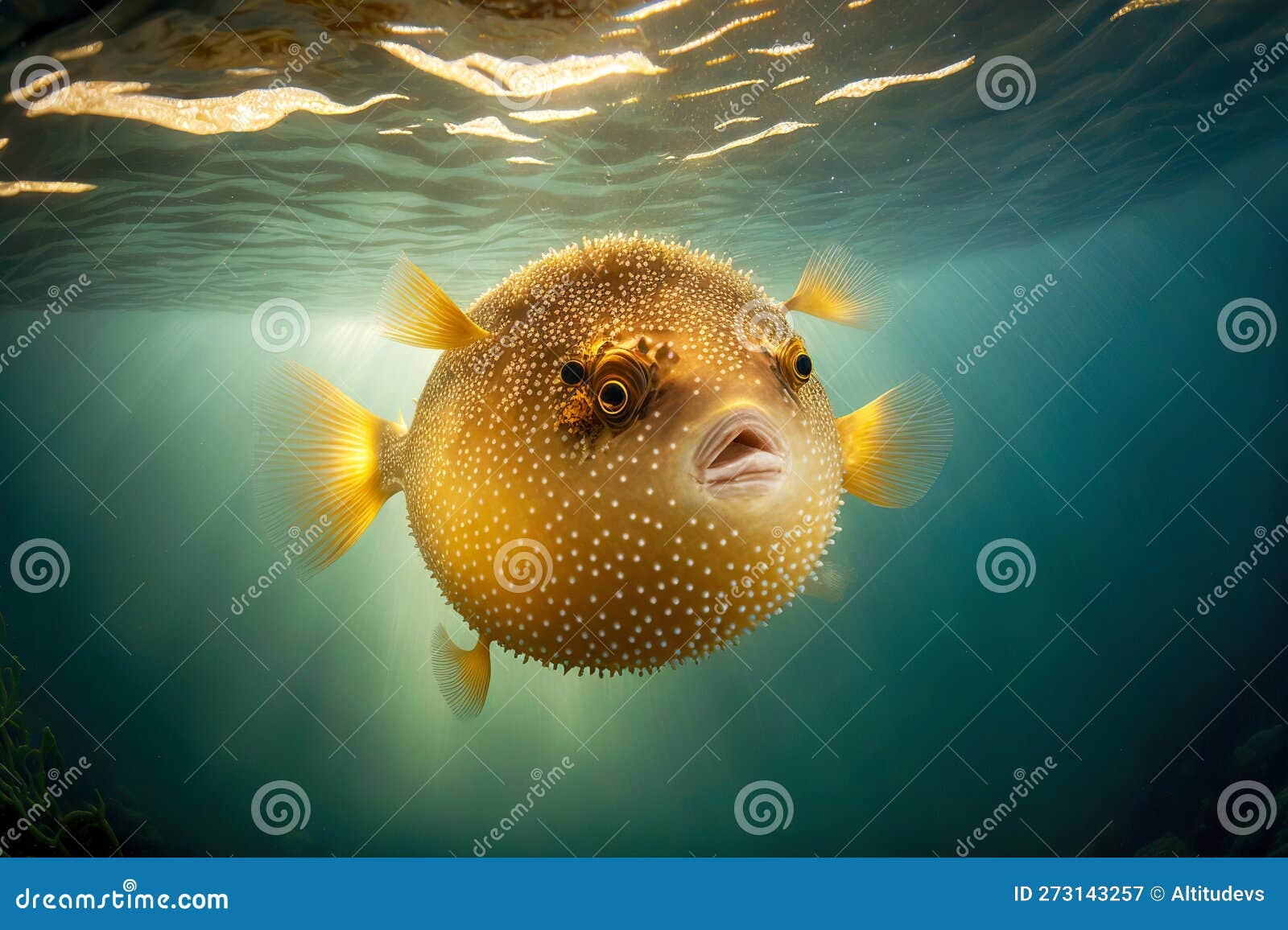 Spherical Inflated Puffer Fish in Clear Sea in Sun S Rays Stock Image