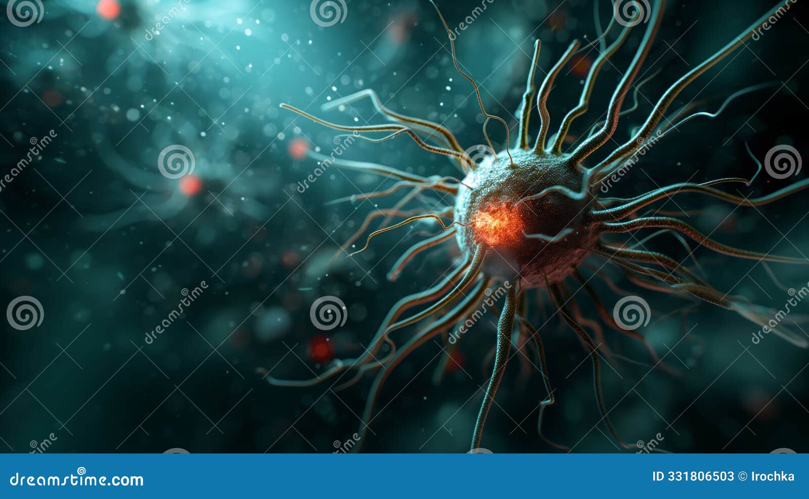 a spherical microbe with long, filamentous projections extending outward,