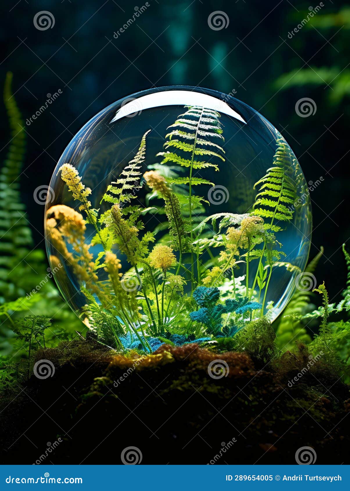 Spherical Terrarium with Green and Yellow Plants Inside AI Generated