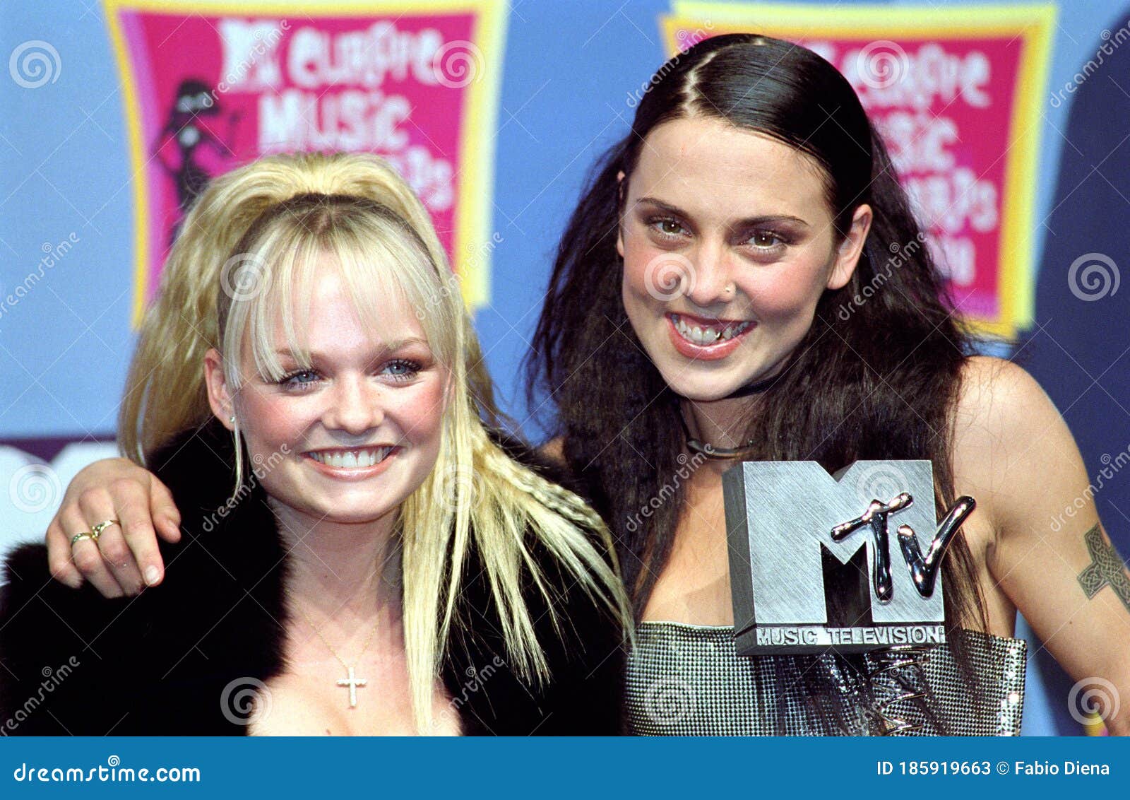 Spice Girls Emma Bunton And Melanie Chisholm After The Awards Ceremony Pose With The Trophy Won Editorial Stock Photo Image Of Concert Brown