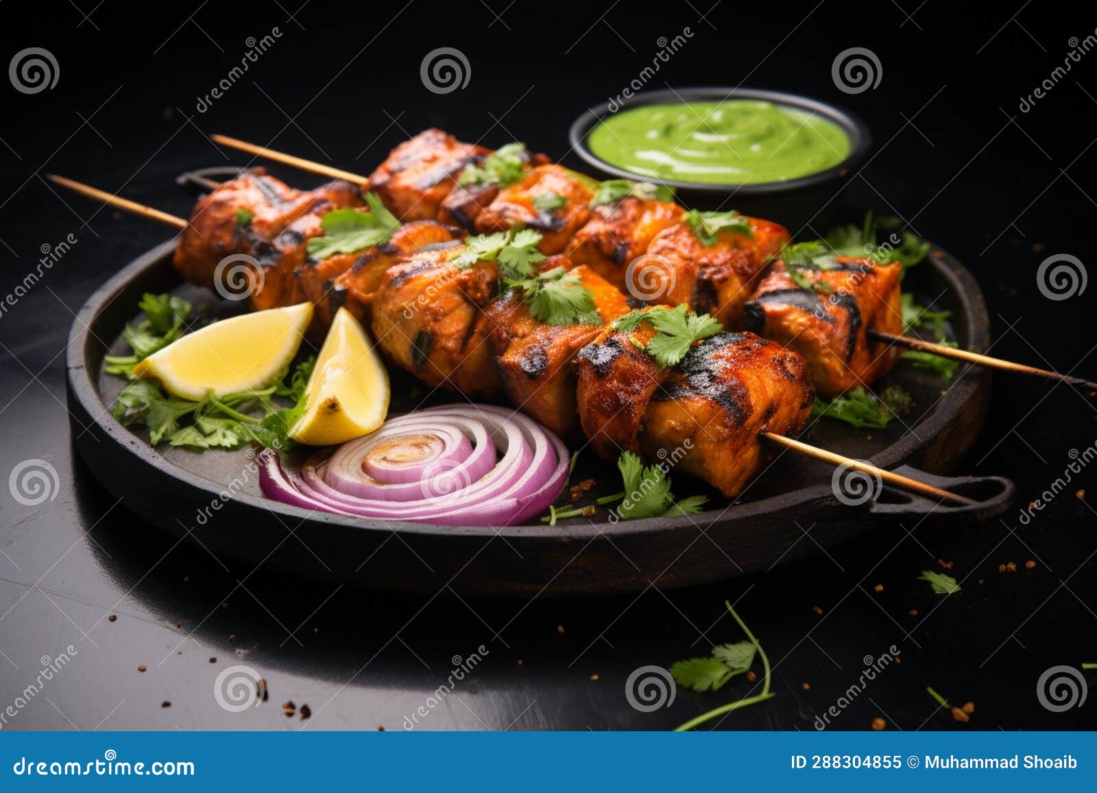 spice infused delight indian chicken tikka kebabs, marinated, roasted, with green chutney and onions