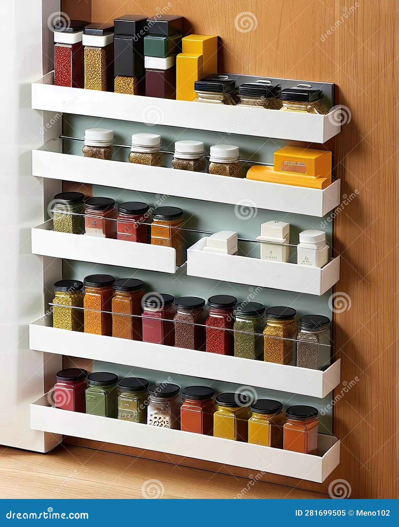 A spice rack with spices stock illustration. Illustration of wood 281699505