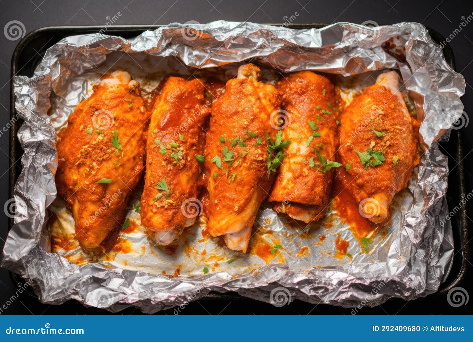 Spiced Chicken Wings Wrapped in Aluminum Foil Ready for Baking Stock