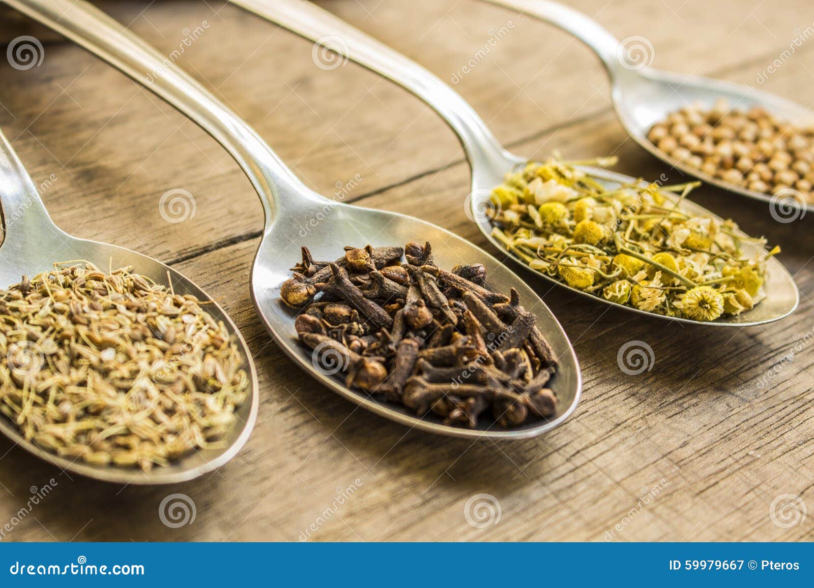spices and herbal tea ingredients on spoons