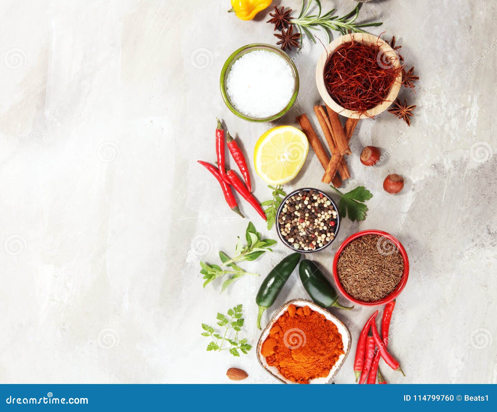 Spices and Herbs on Table. Food and Cuisine Ingredients. Stock Photo
