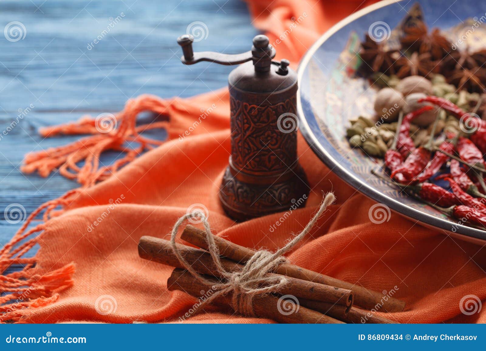 Spices Mill and Various Aromatic Herbs on Plate Stock Photo Image of