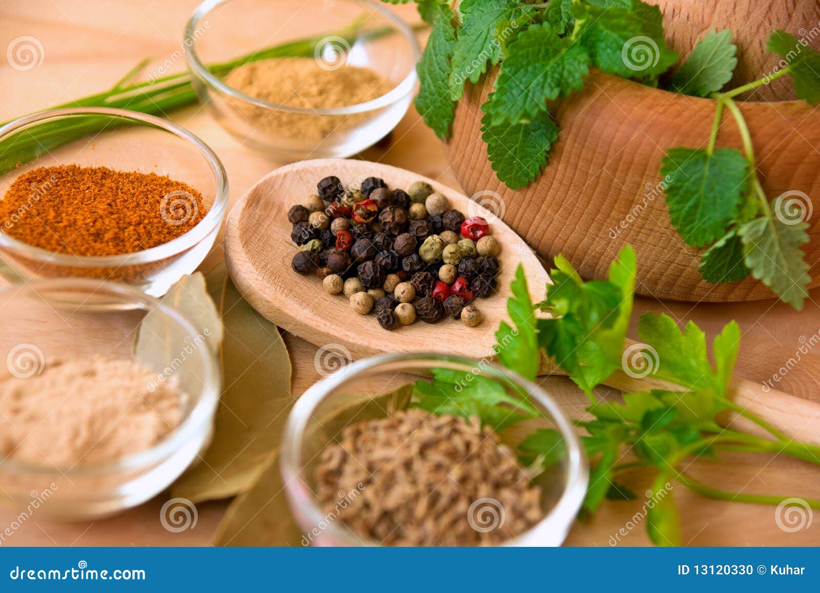 Spices with Pestle and Mortar Stock Photo Image of green, seasoning