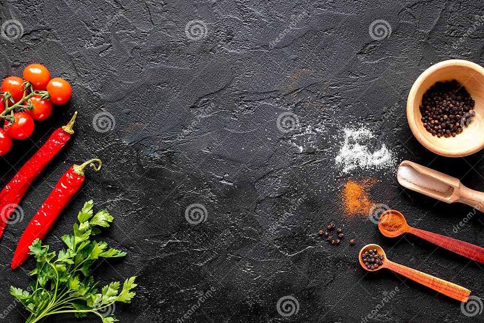 Spices in Wooden Spoon on Dark Background Top View Stock Photo - Image ...