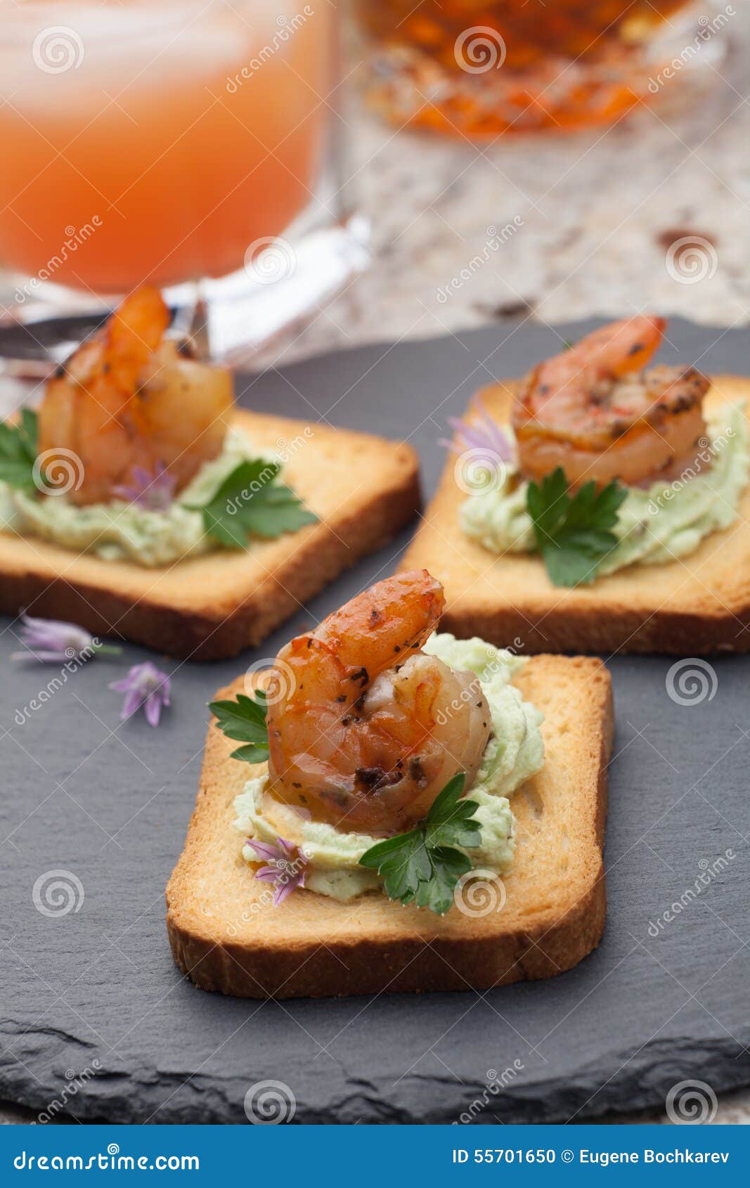 Spicy Avocado Shrimps Toasts Stock Photo - Image of crostini, small ...