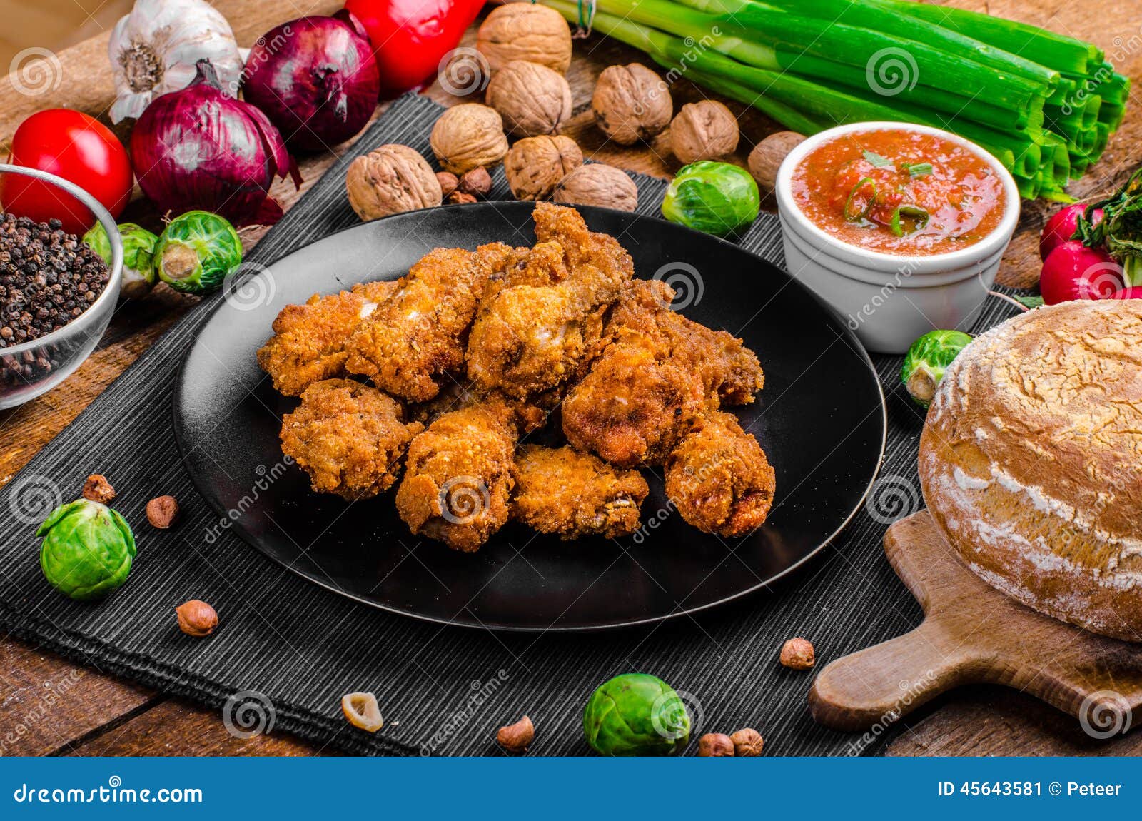 Spicy Breaded Chicken Wings with Homemade Bread Stock Image Image of