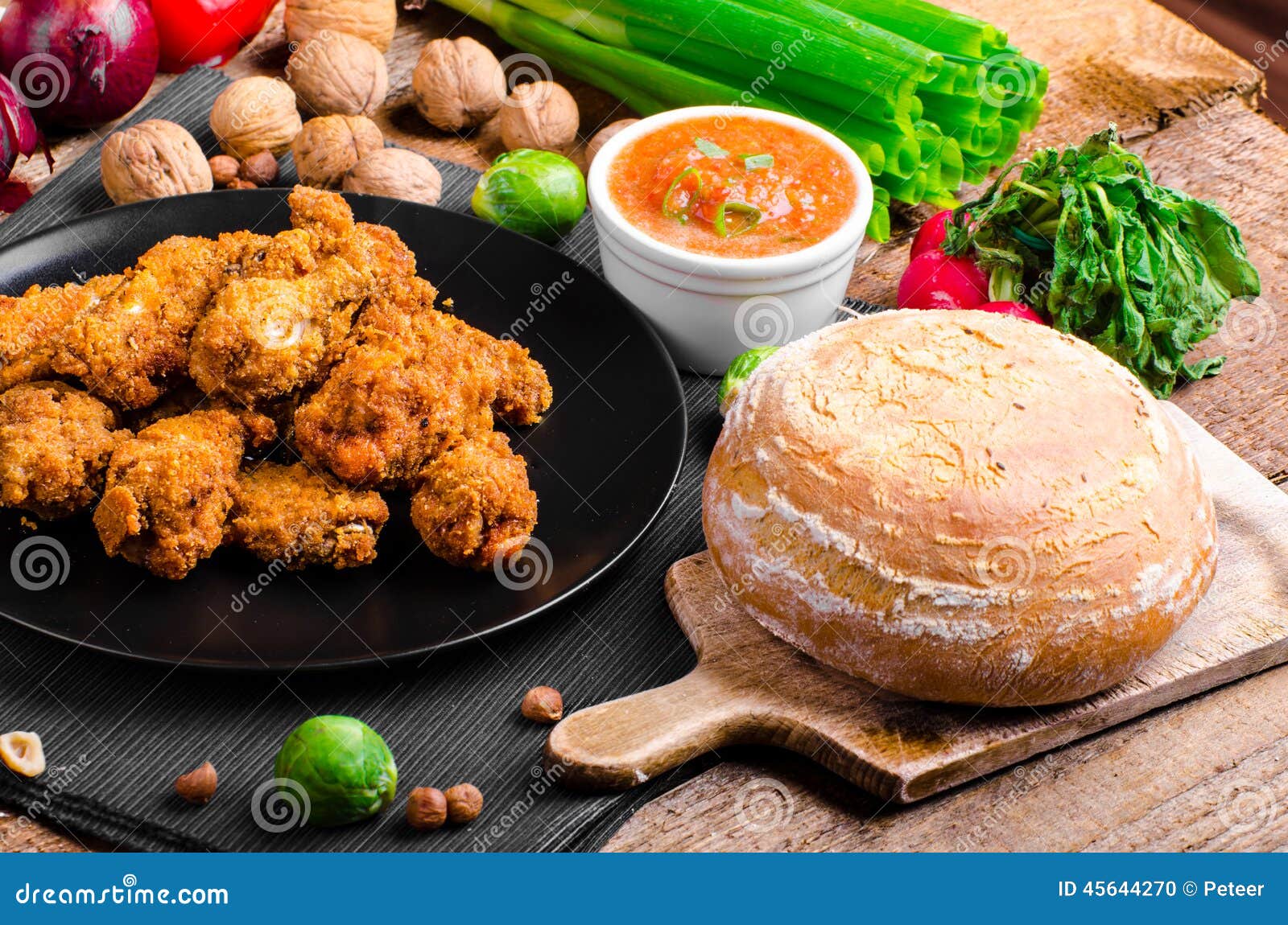 Spicy Breaded Chicken Wings with Homemade Bread Stock Photo Image of