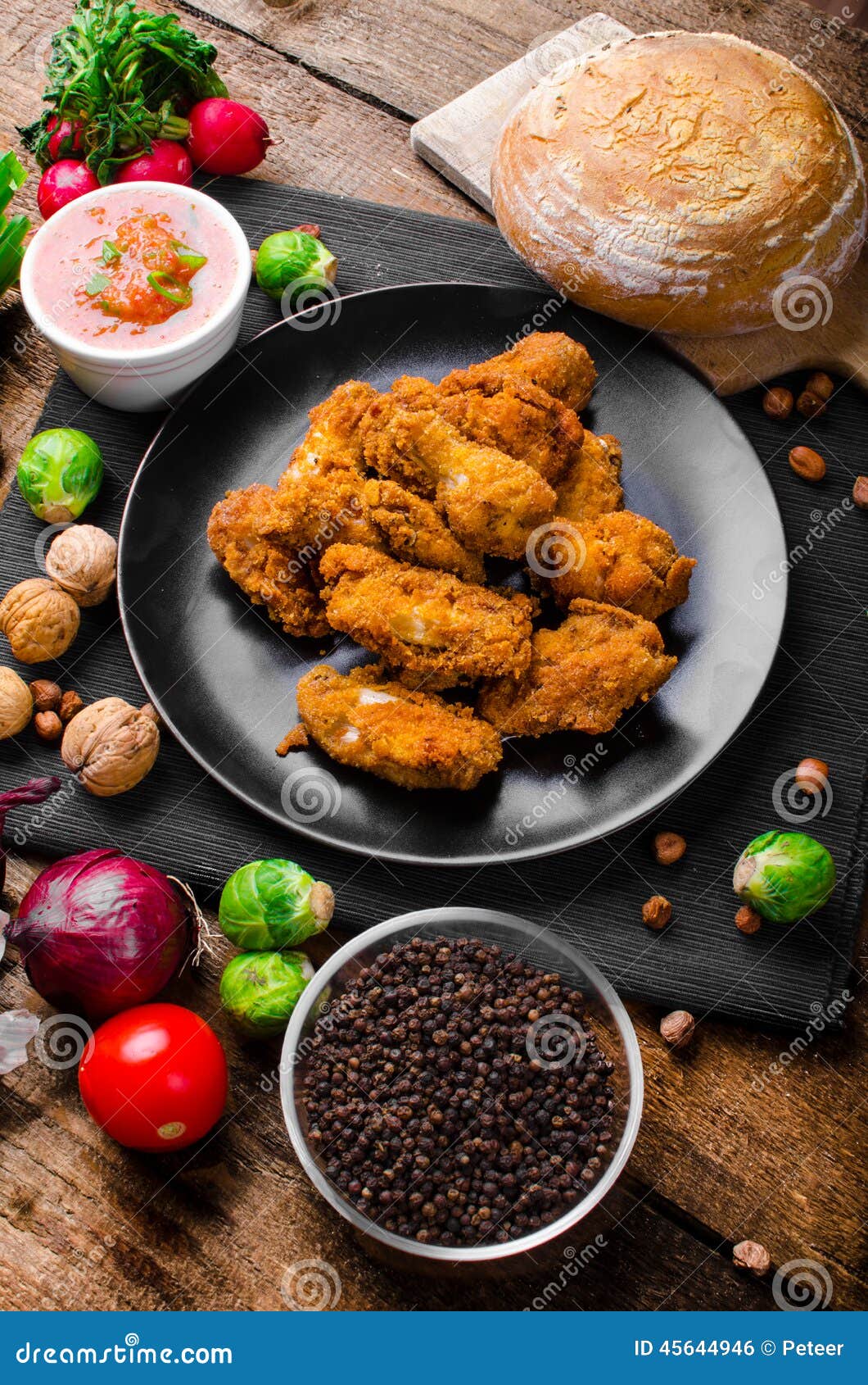 Spicy Breaded Chicken Wings with Homemade Bread Stock Photo Image of