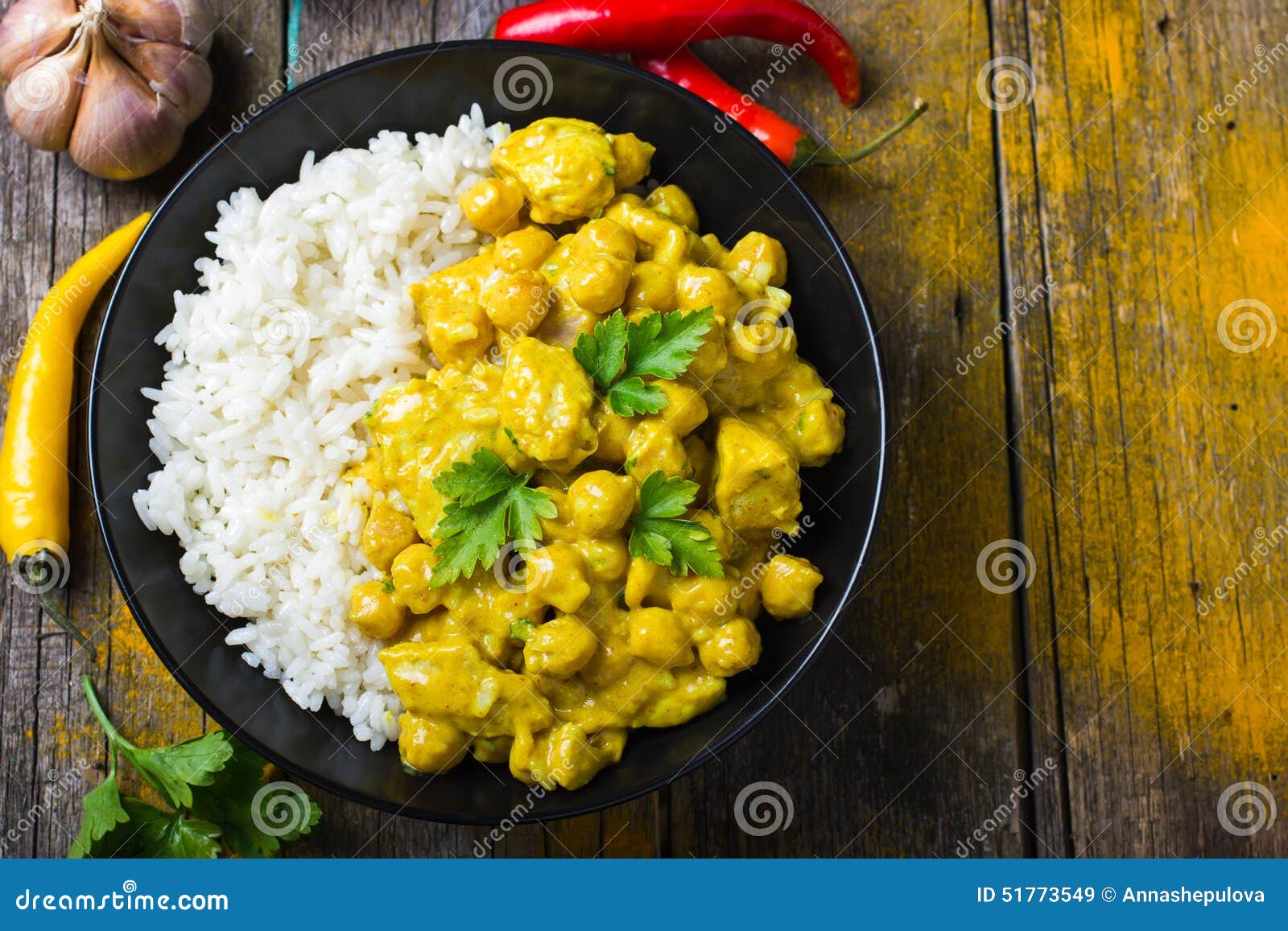 Spicy Chicken and Chickpeas Curry and Rice Stock Image Image of bowl