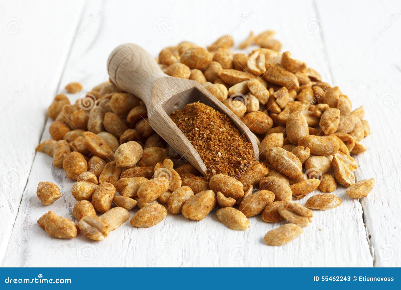Spicy Dry Roasted Peanuts on White with Wood Scoop. Stock Image Image