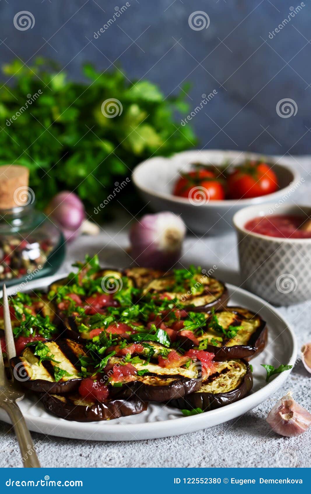 Spicy Eggplant with Tomato Sauce and Cilantro. Stock Photo Image of eggplant, lunch 122552380