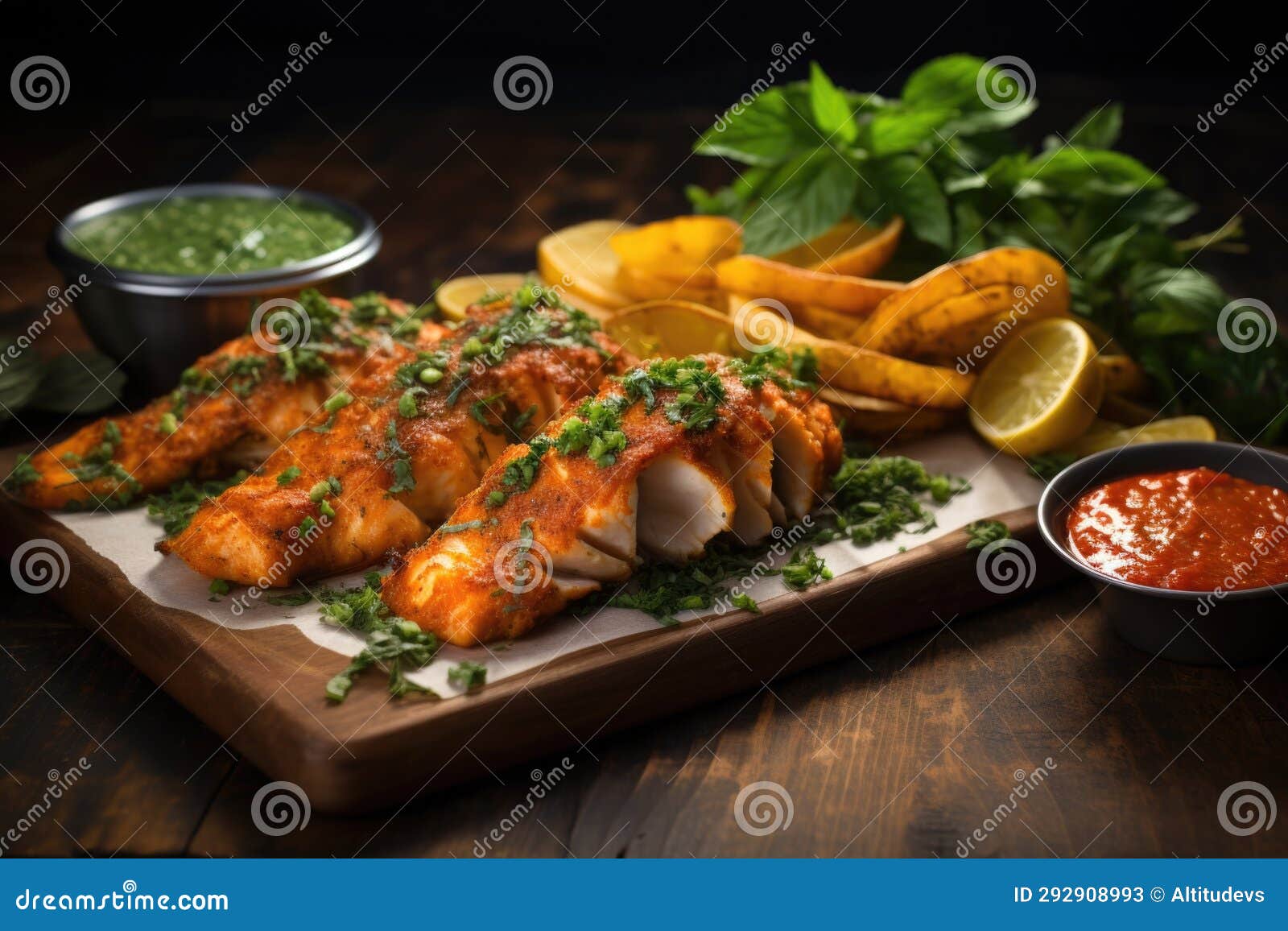 Spicy Fish and Chips with a Side of Hot Sauce, Herb Garnish Stock Image