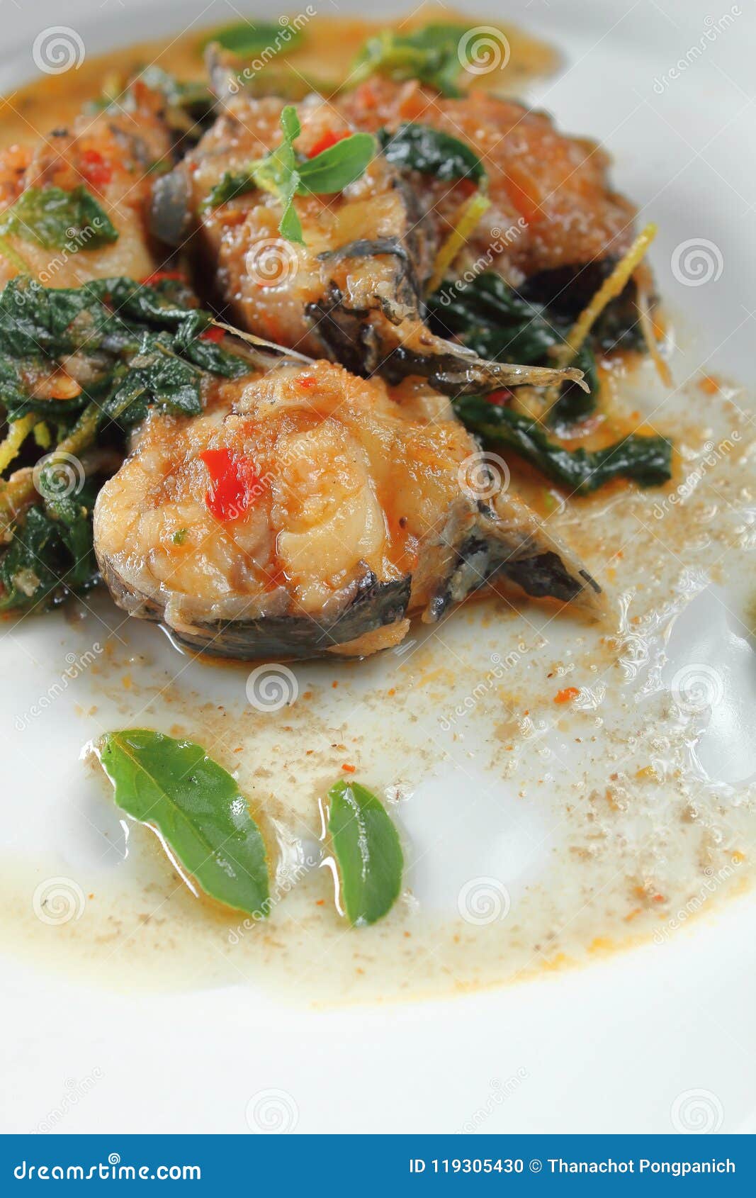 Spicy Fried Catfish with Basil Food in Thai Stock Photo Image of stir