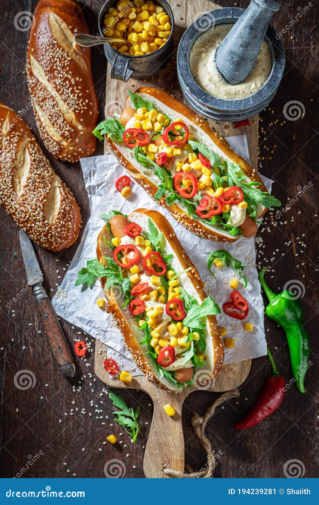 Spicy Hot Dogs with Corn, Chilli and Sauce Stock Image Image of