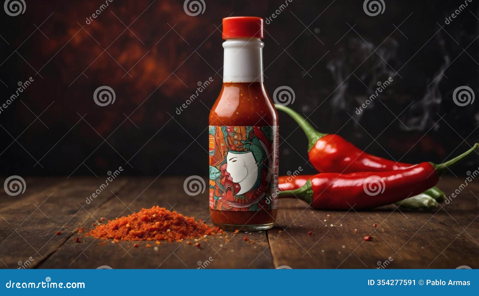 spicy hot sauce bottle with chili peppers on wooden table. a vibrant label adds visual appeal