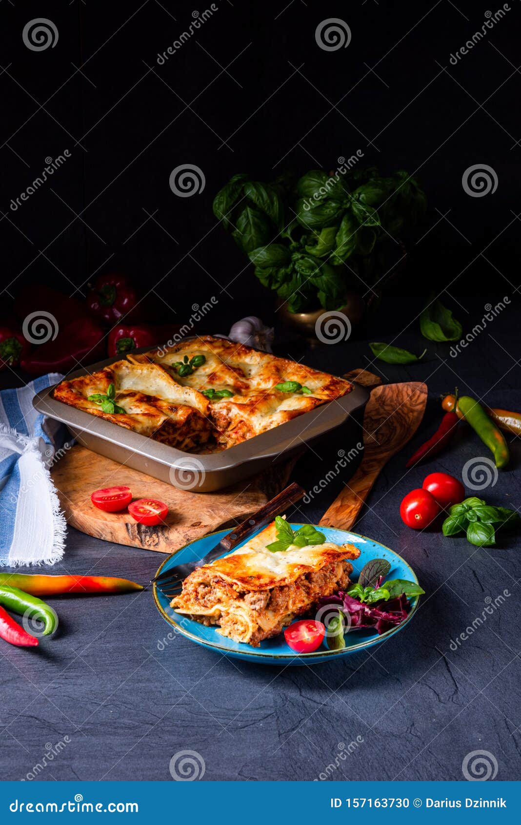 Spicy Lasagne with Tomato Sauce and Basil Stock Photo Image of