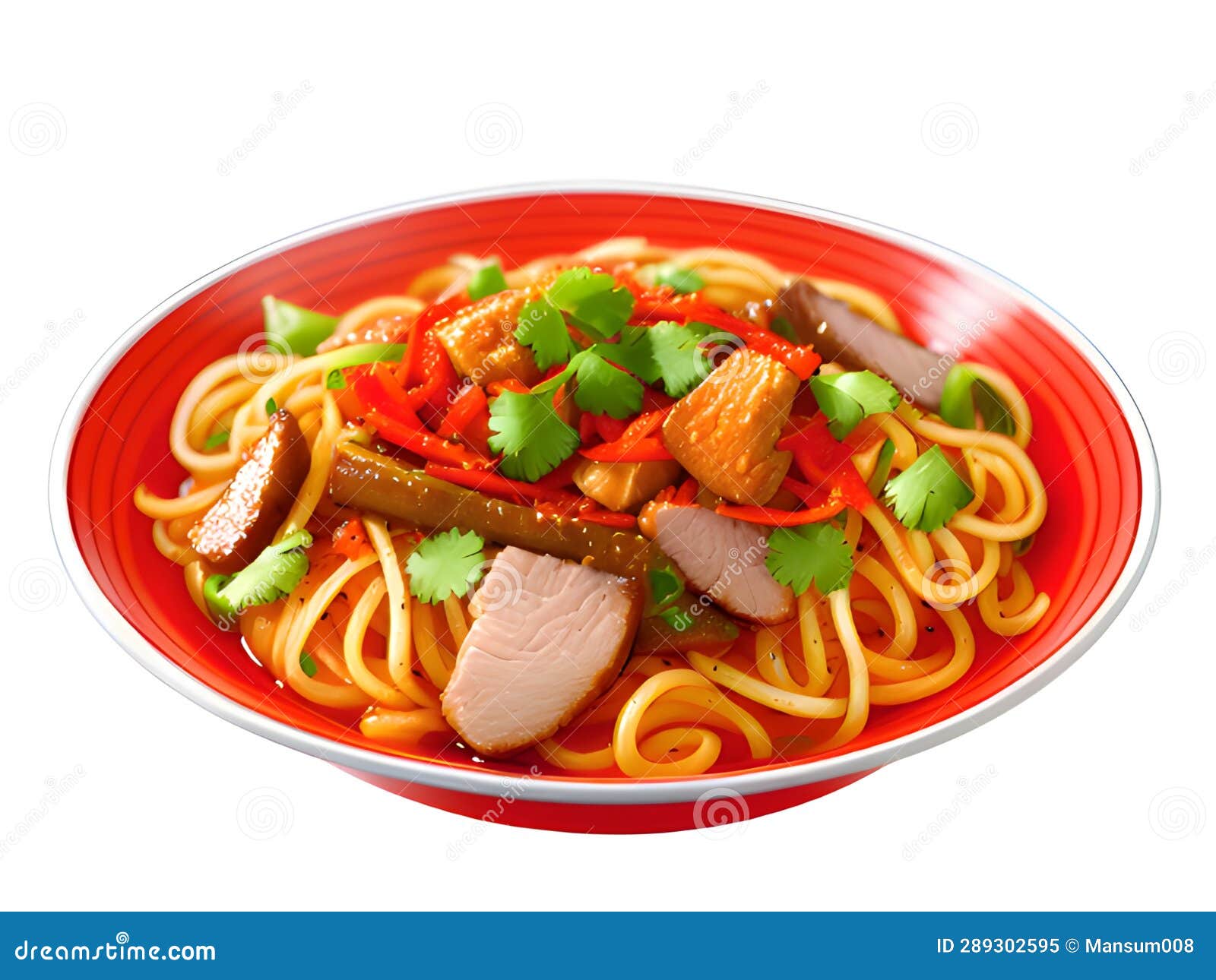 Spicy Noodles with Vegetables and Meat, AI Generated Stock Illustration