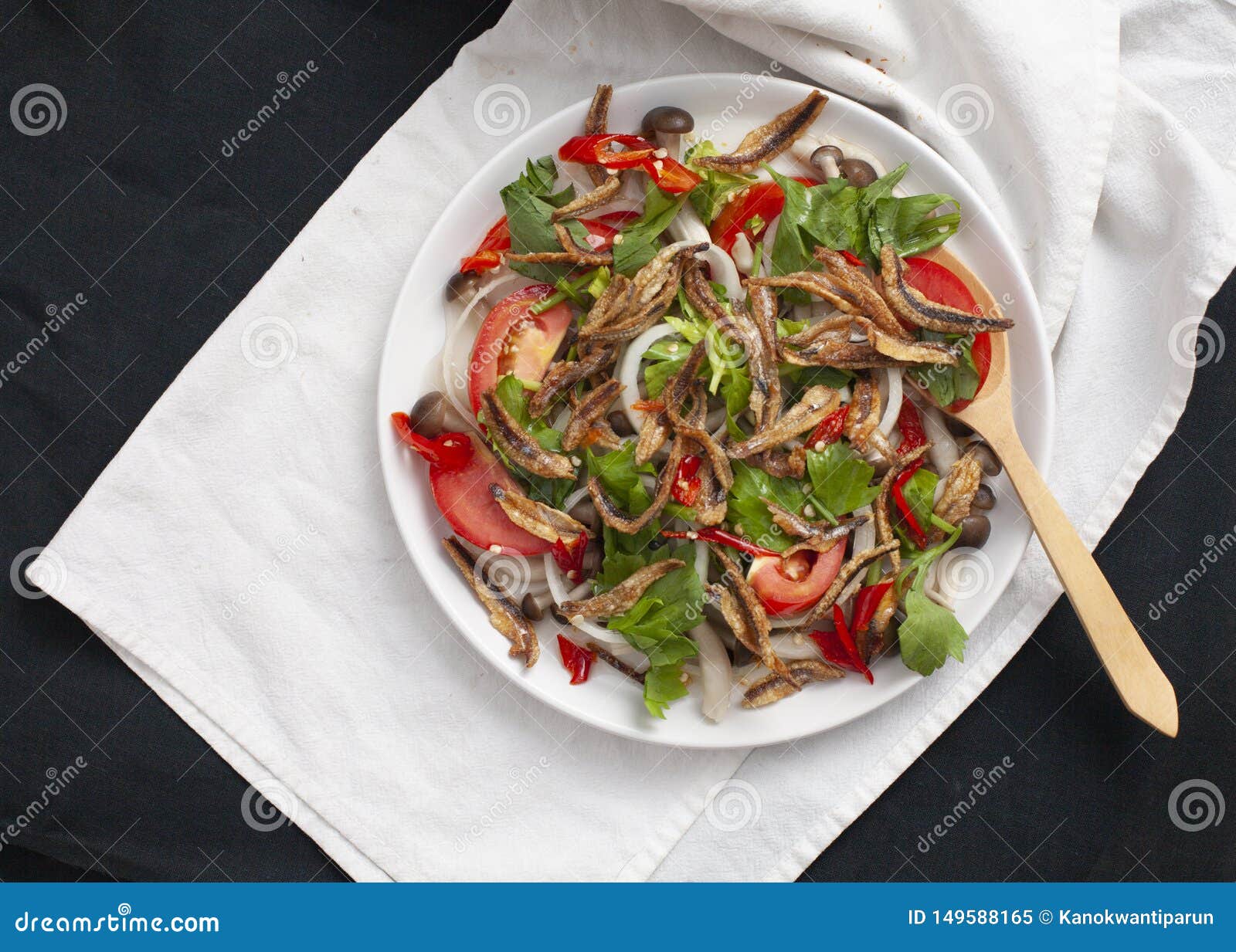 Spicy Salad with Dry Anchovies Stock Image Image of salad, spoon
