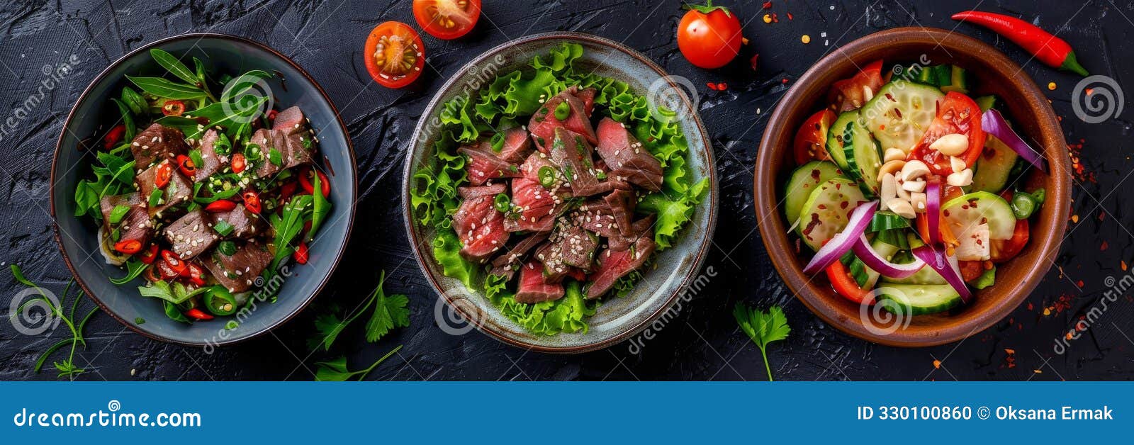 spicy salads set, salat collection with beef meat and vegetables salats top view, restaurant buffet menu