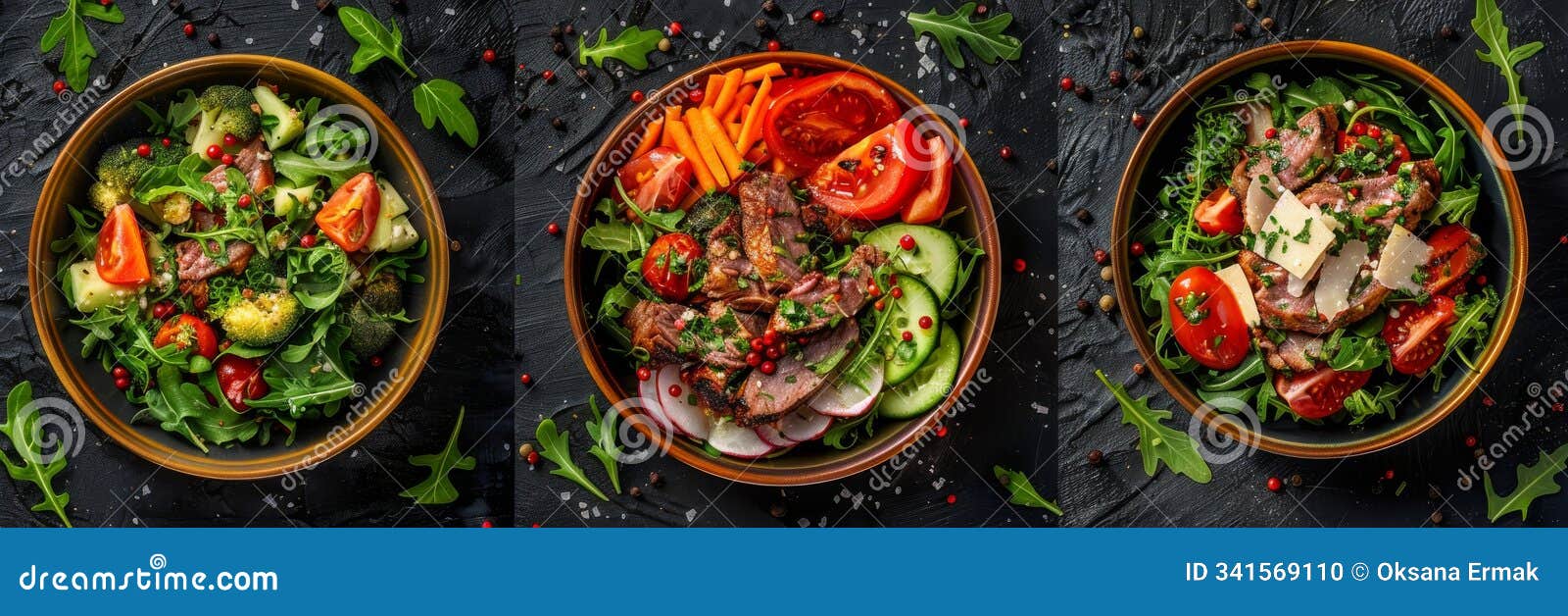 spicy salads set, salat collection with beef meat and vegetables salats top view, restaurant buffet menu