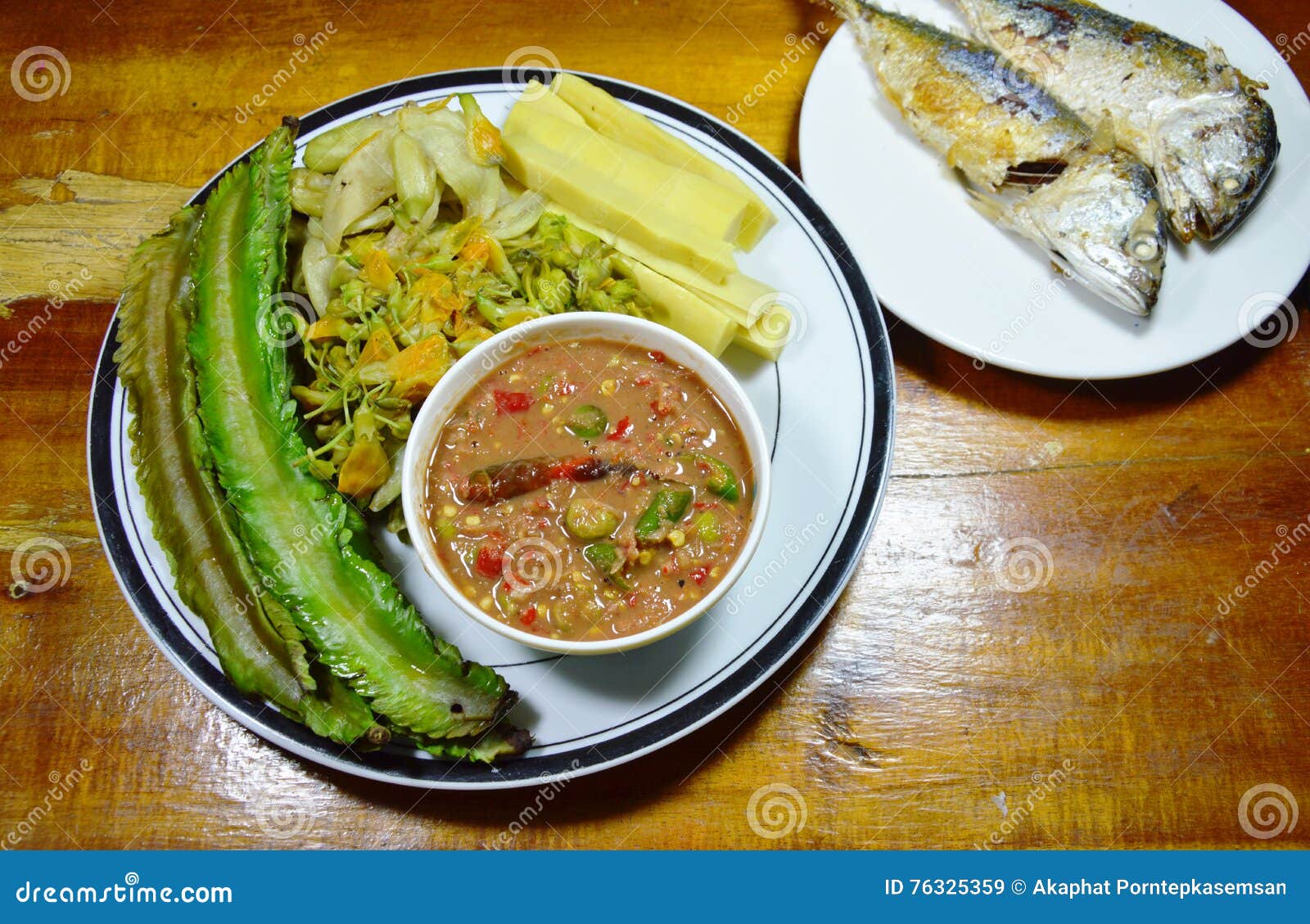 Spicy Shrimp Paste Eat with Mixed Boiled Vegetable and Deep Fried Mackerel Stock Image Image