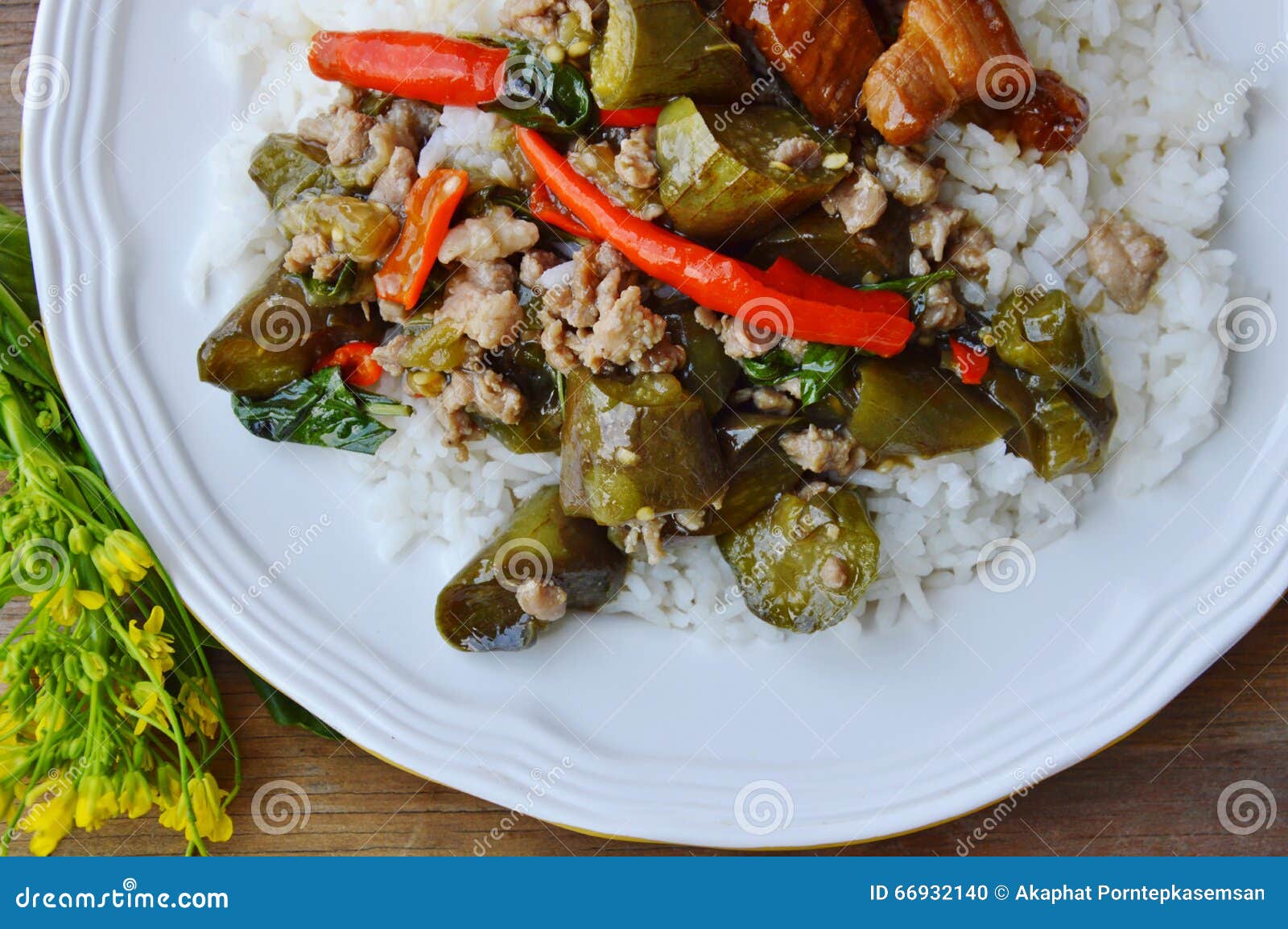 Spicy Stir-fried Eggplant and Minced Pork on Rice Stock Photo - Image