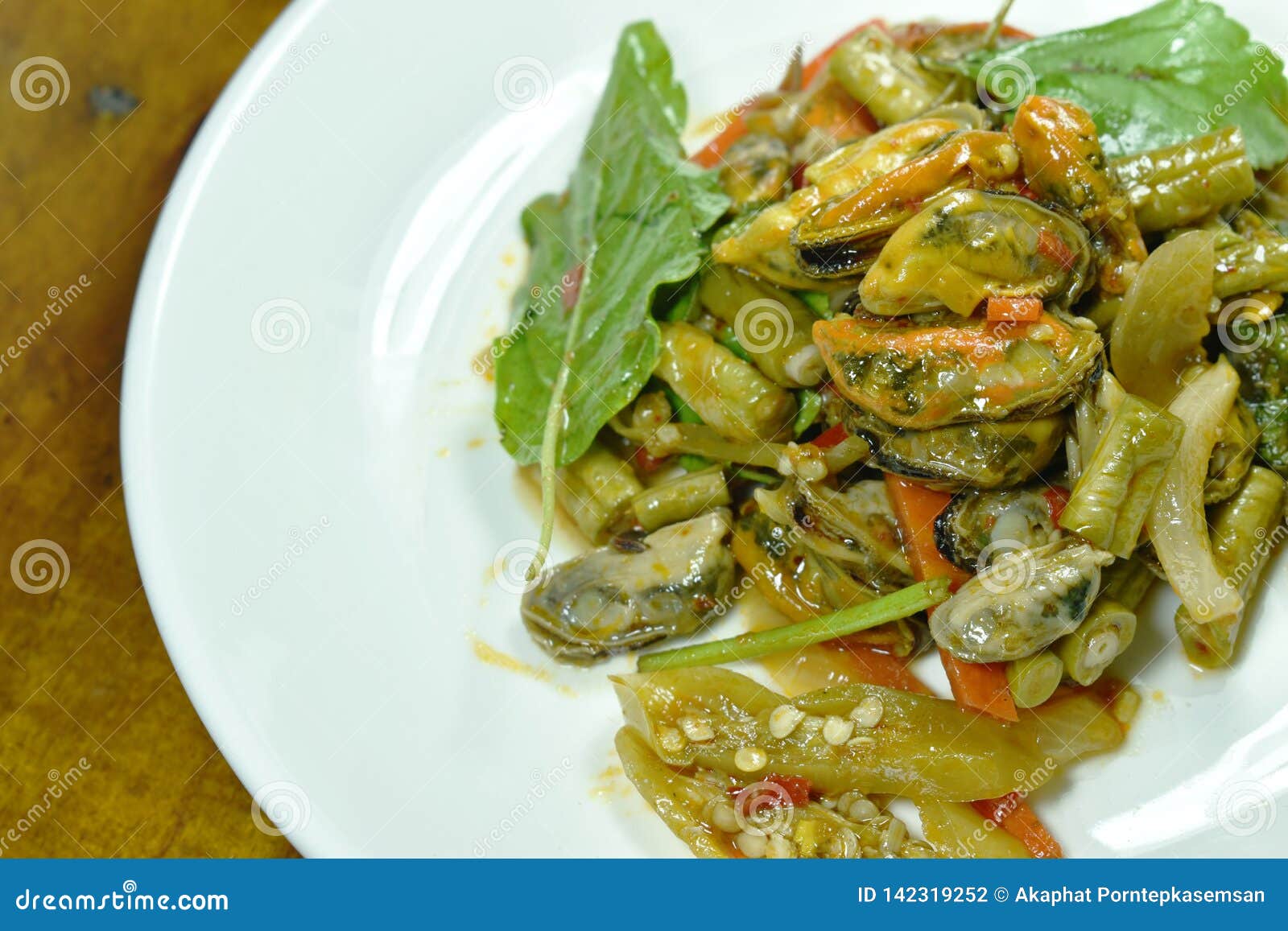 Spicy Stir Fried Mussel with Basil Leaf on Plate Stock Photo Image of delicious, dish 142319252