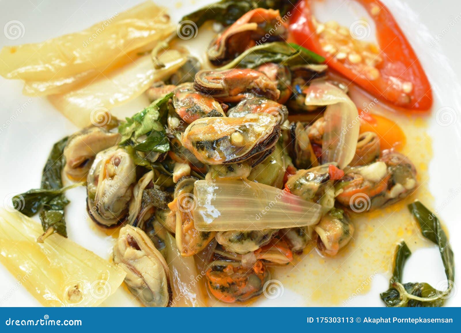 Spicy Stir Fried Mussel with Slice Onion and Basil Leaf on Plate Stock Image Image of paste