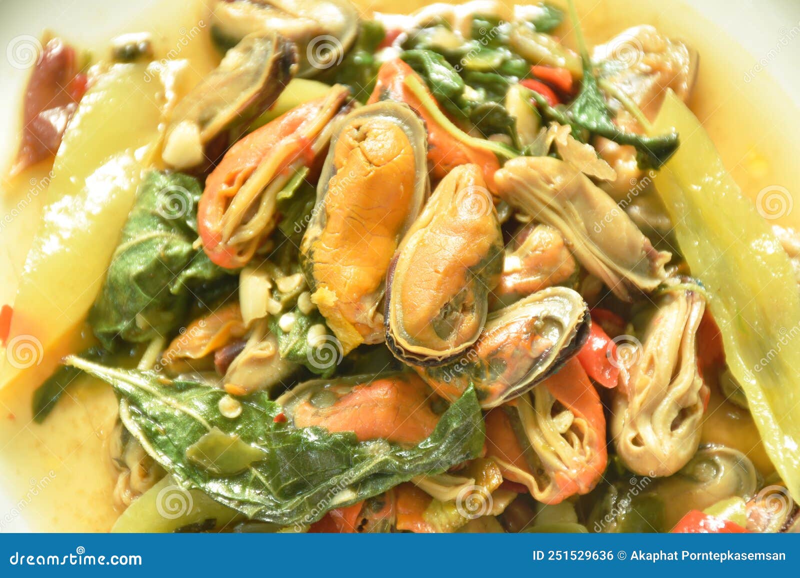 Spicy Stir Fried Mussel with Slice Onion and Basil Leaf on Plate Stock Photo Image of meal